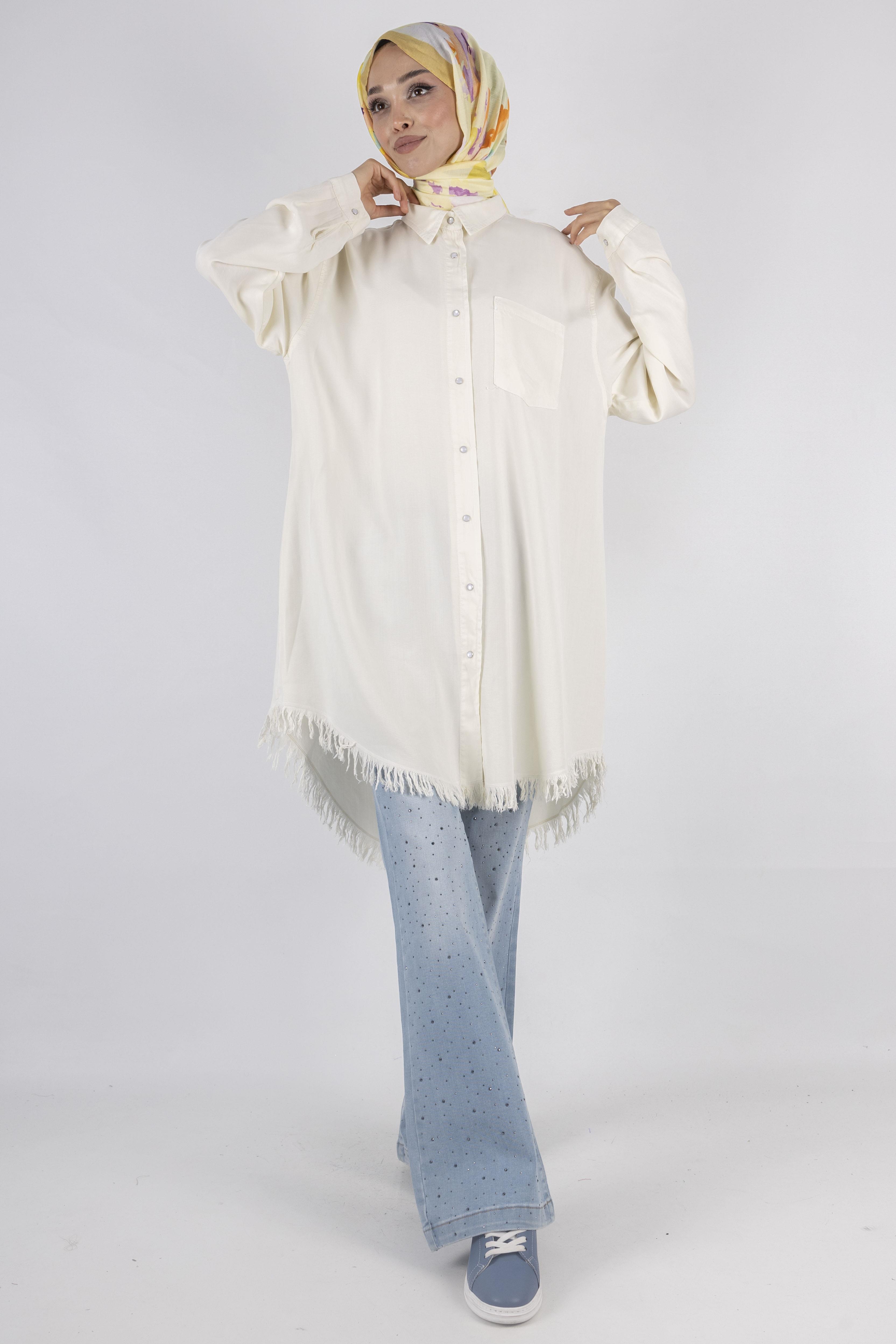 Tensel Kot Tesettür Gömlek Beyaz OTW7236