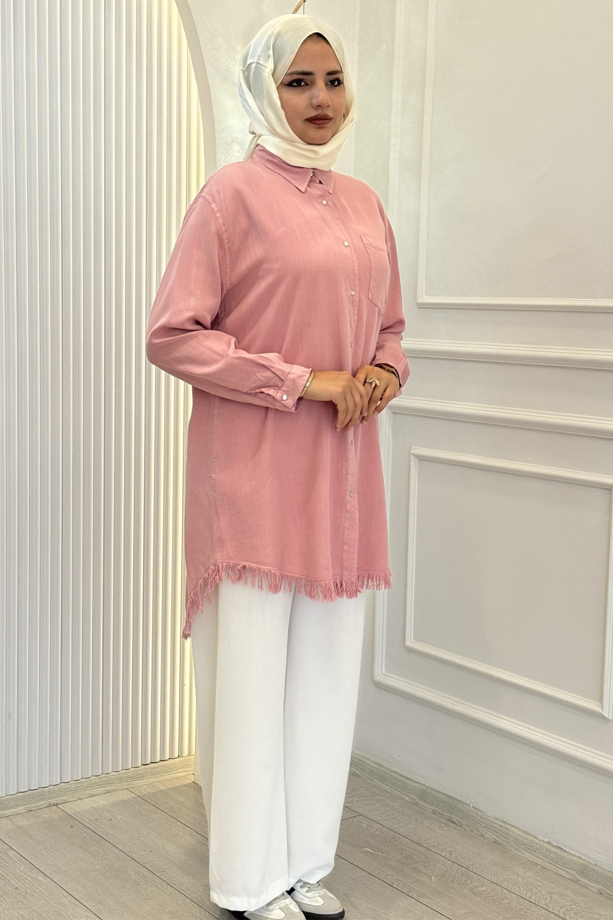 Tensel Kot Tesettür Gömlek Pembe OTW7236
