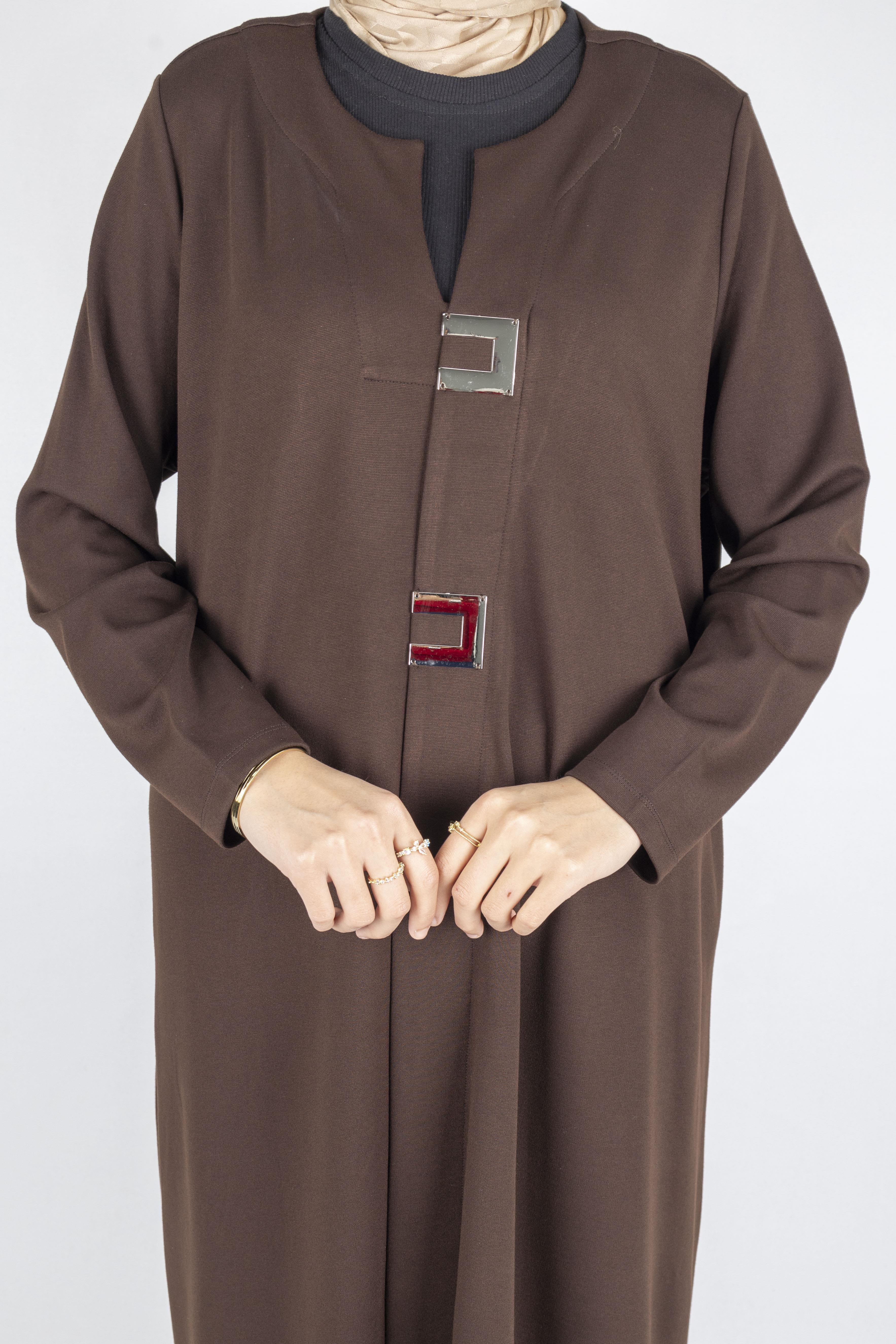 Toka Detaylı Çelik Örme Büyük Beden Elbise Kahve OTW7803