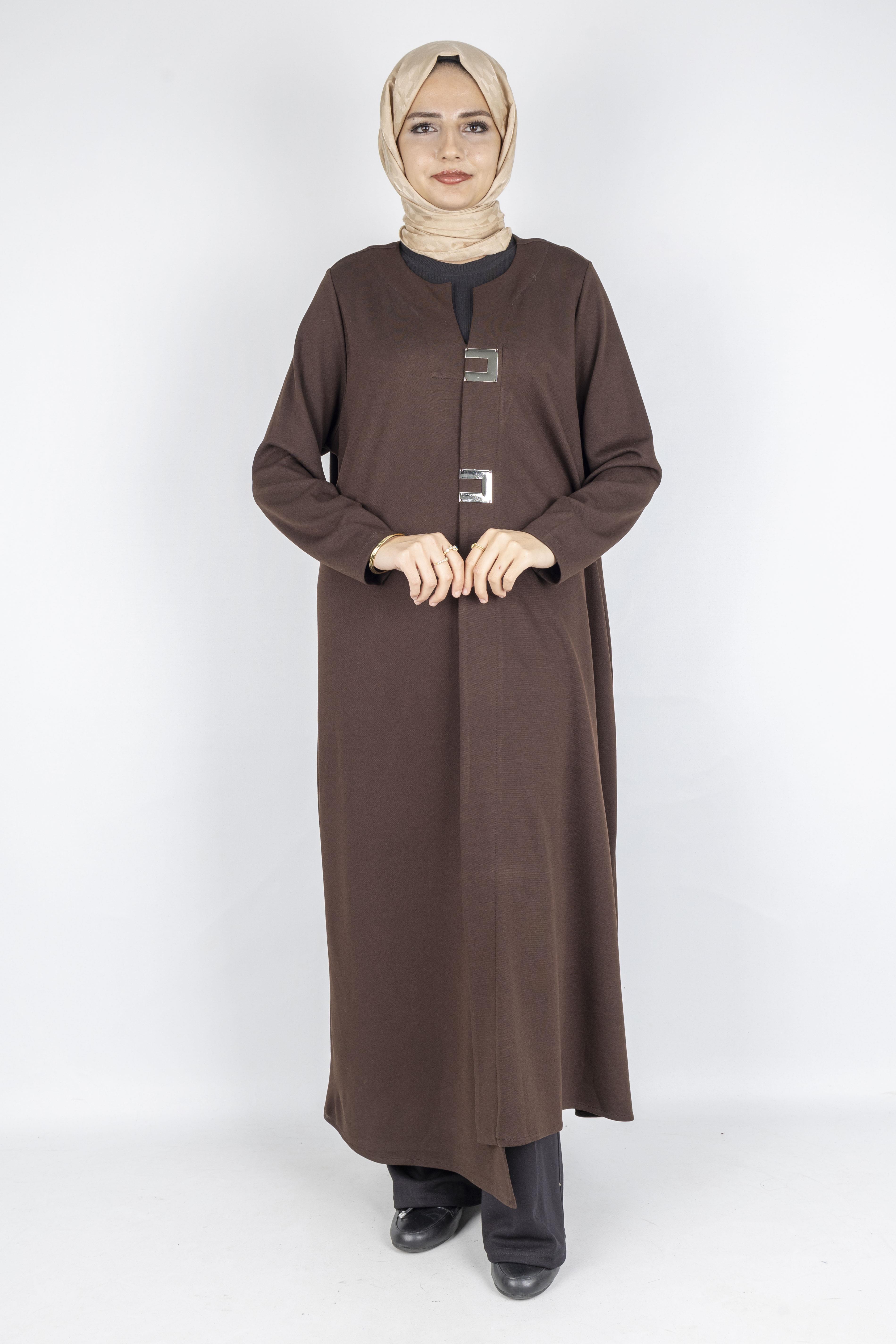 Toka Detaylı Çelik Örme Büyük Beden Elbise Kahve OTW7803