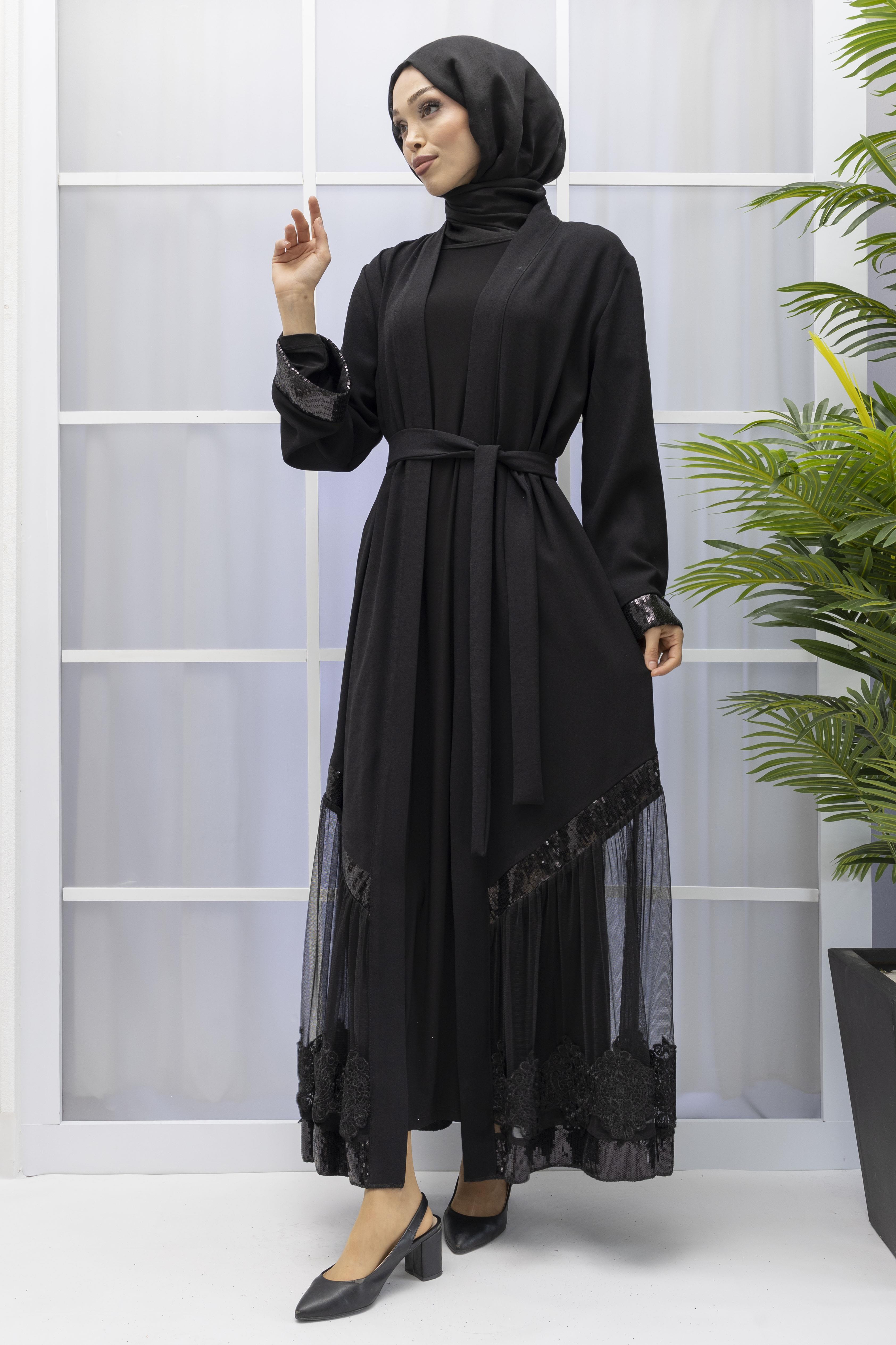 TÜL VE PUL DETAYLI ABAYA Siyah OTW8011