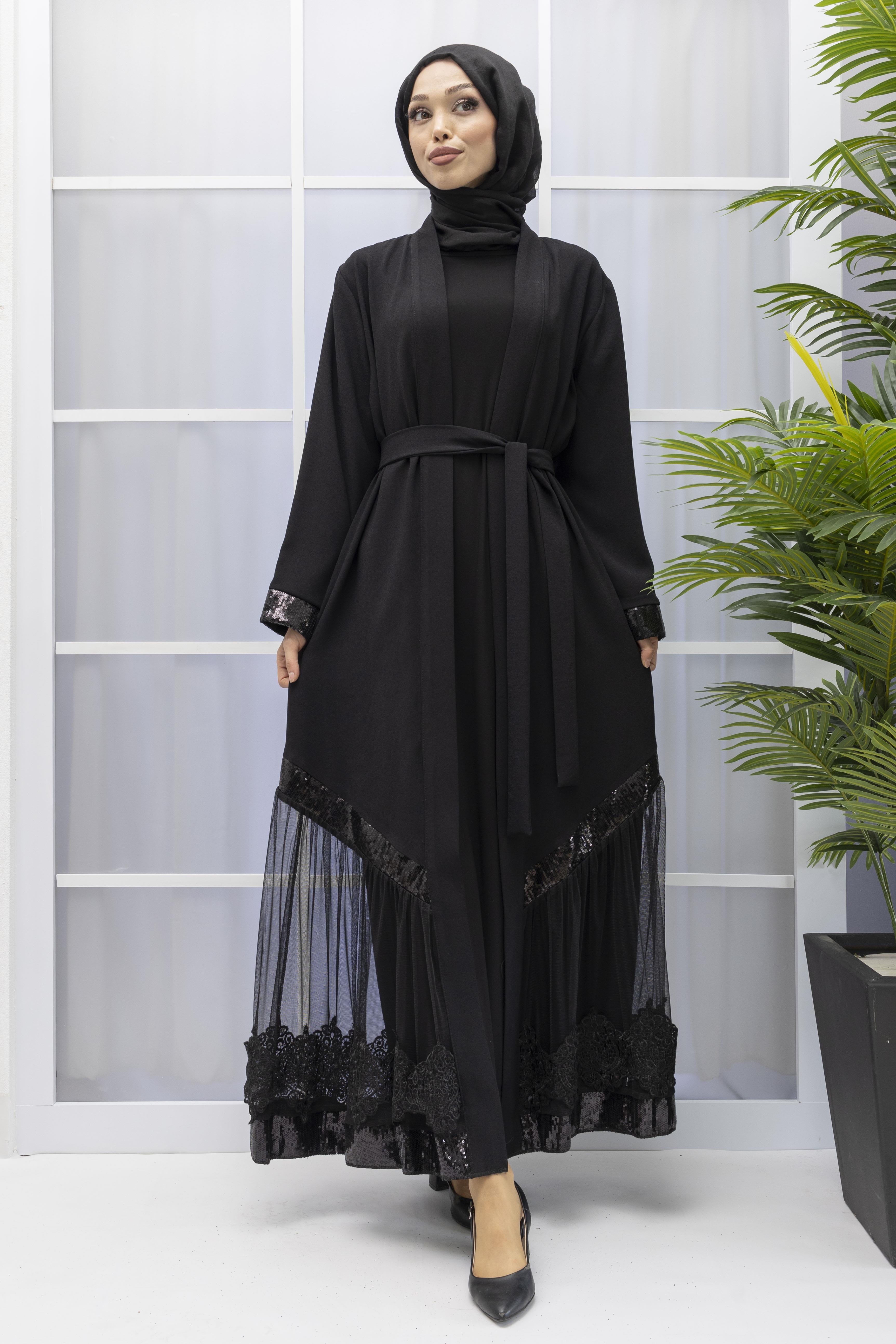 TÜL VE PUL DETAYLI ABAYA Siyah OTW8011