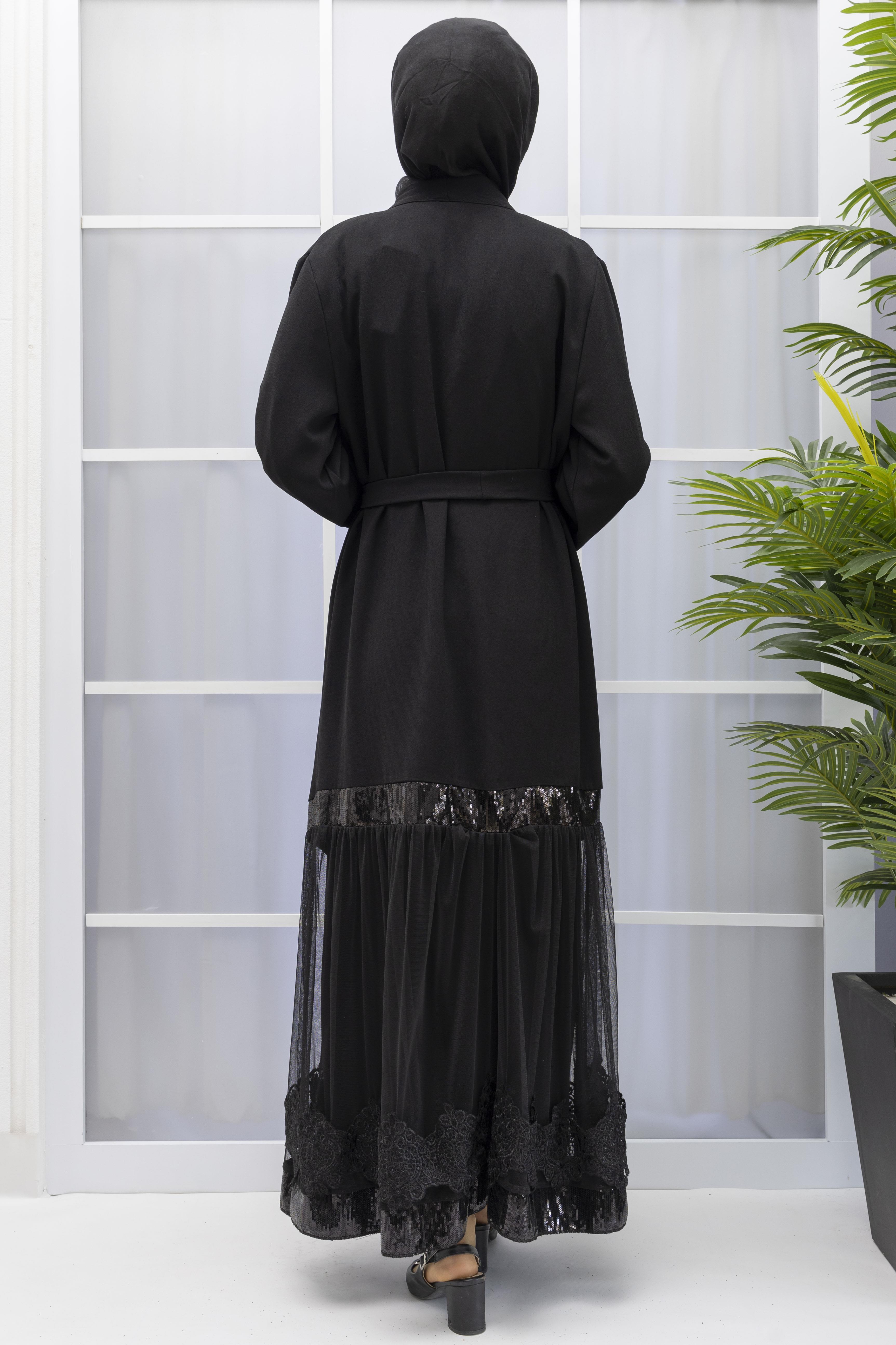 TÜL VE PUL DETAYLI ABAYA Siyah OTW8011