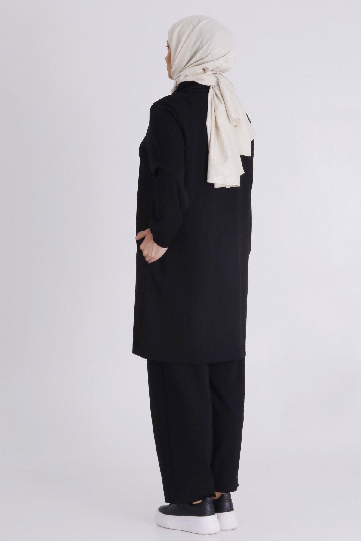 Üçgen Taş İşlemeli Tesettür Takım Siyah OTW3549