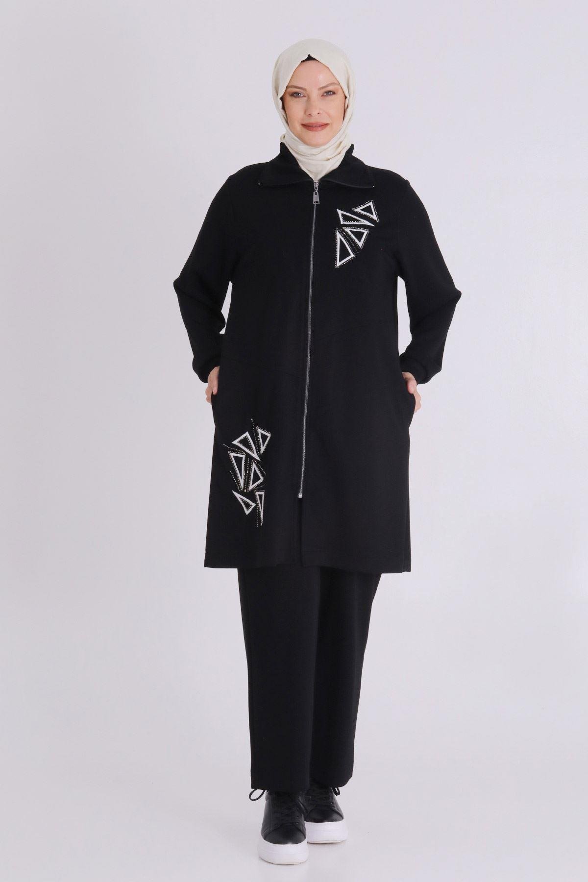 Üçgen Taş İşlemeli Tesettür Takım Siyah OTW3549