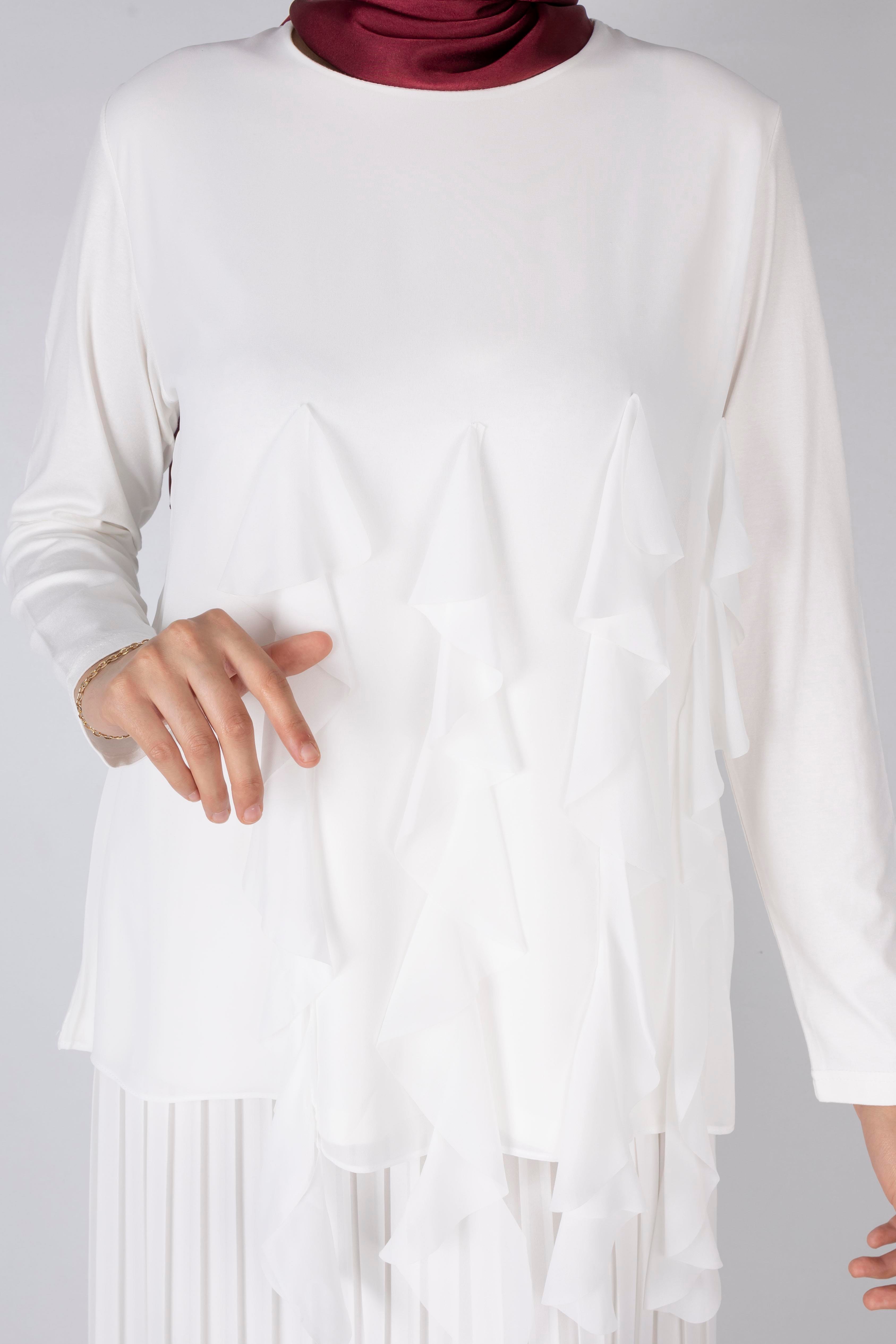 Üçlü Fırfırlı Penye Tunik Ekru OTW578