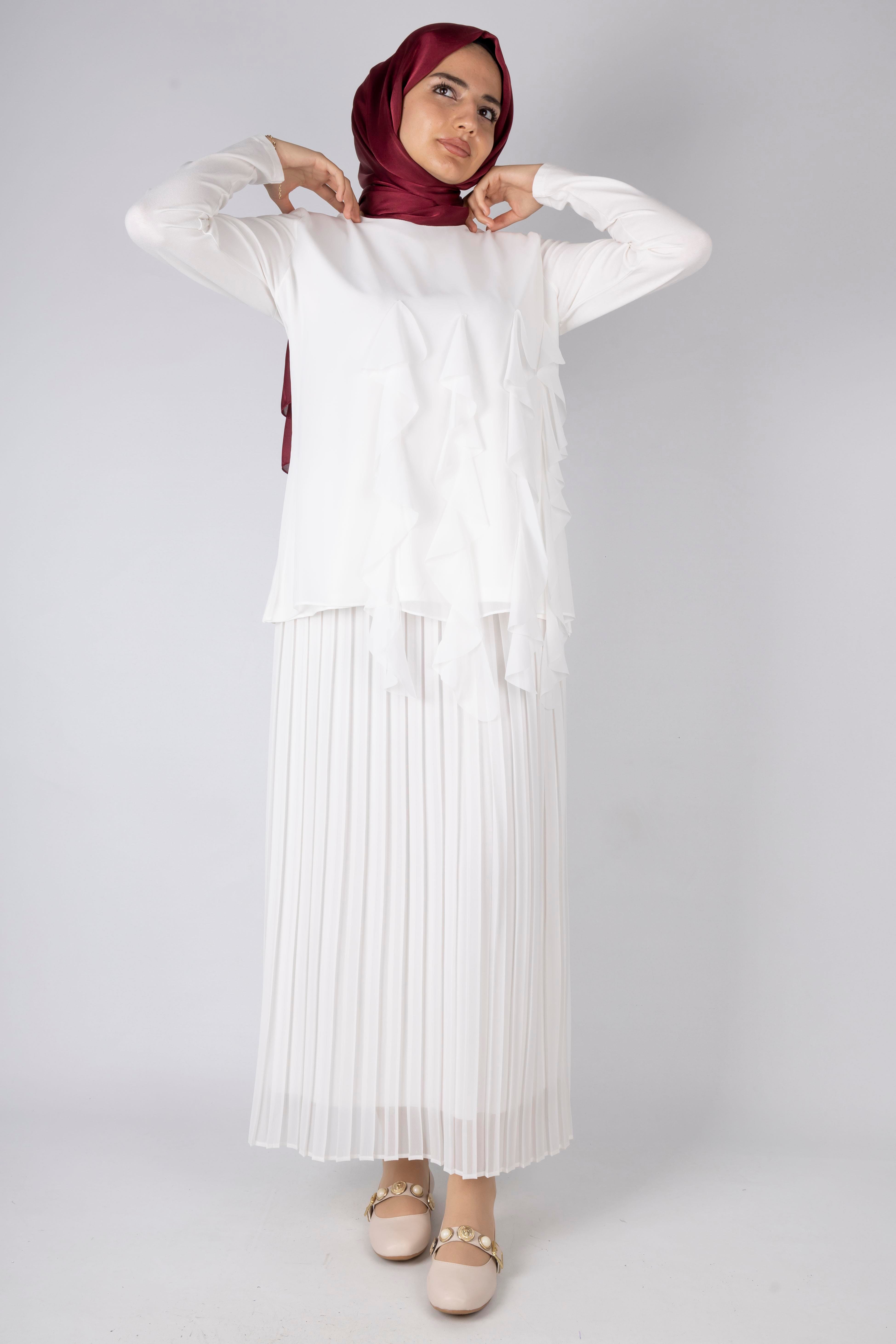 Üçlü Fırfırlı Penye Tunik Ekru OTW578