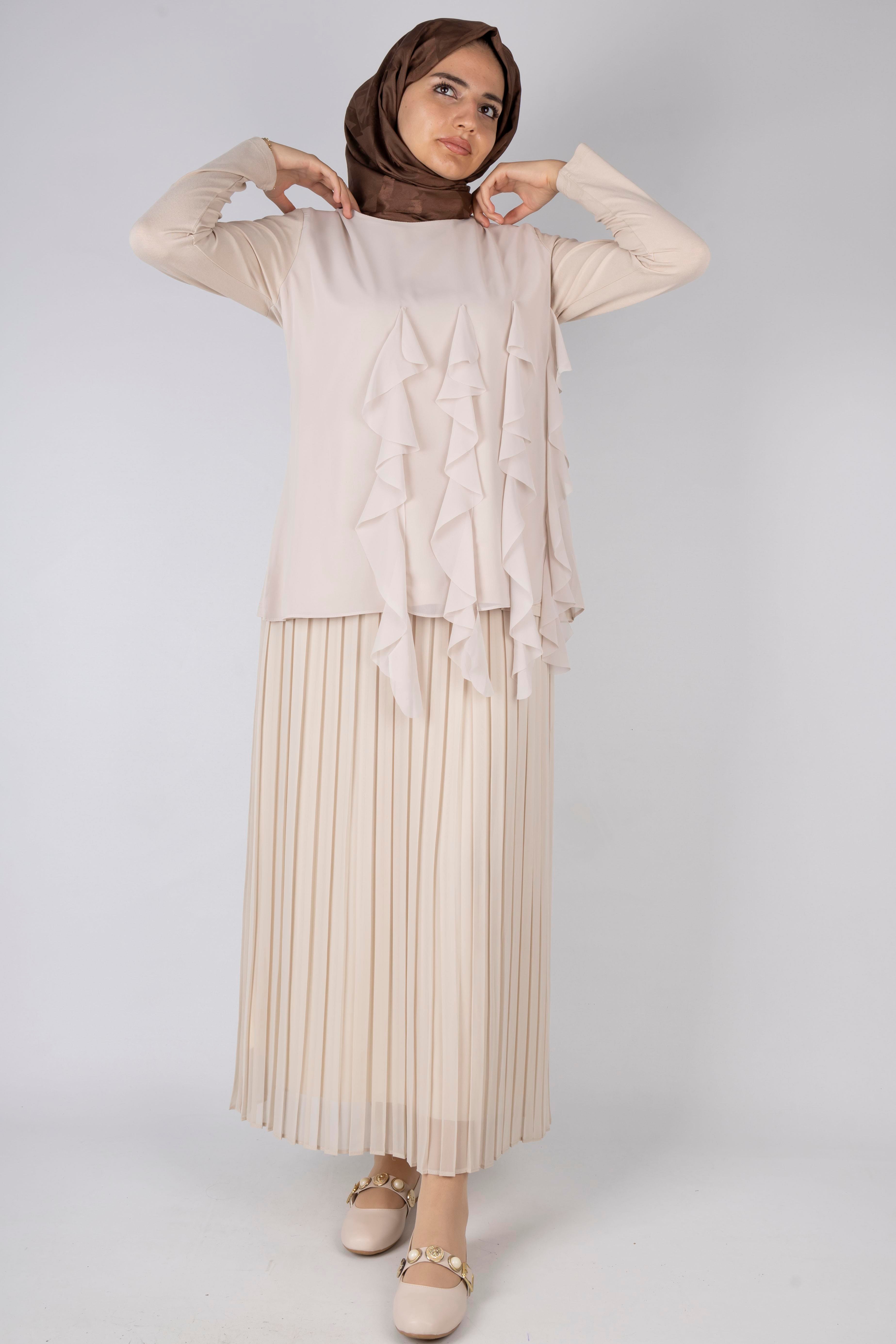 Üçlü Fırfırlı Penye Tunik Krem OTW578