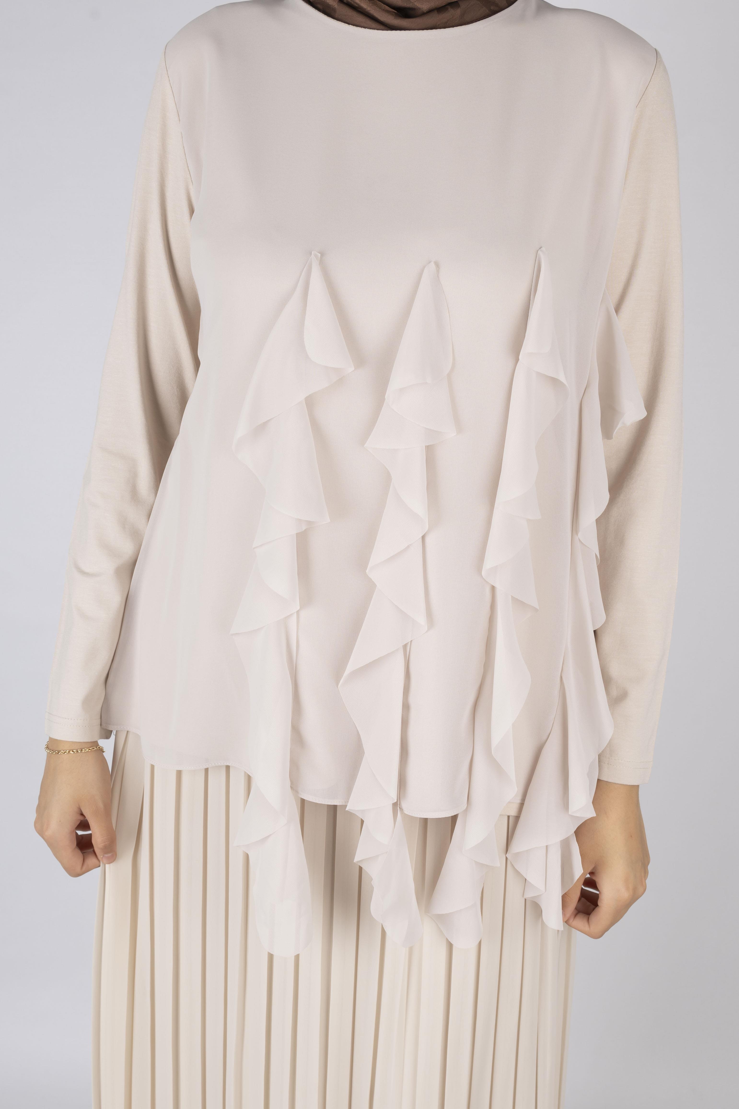 Üçlü Fırfırlı Penye Tunik Krem OTW578