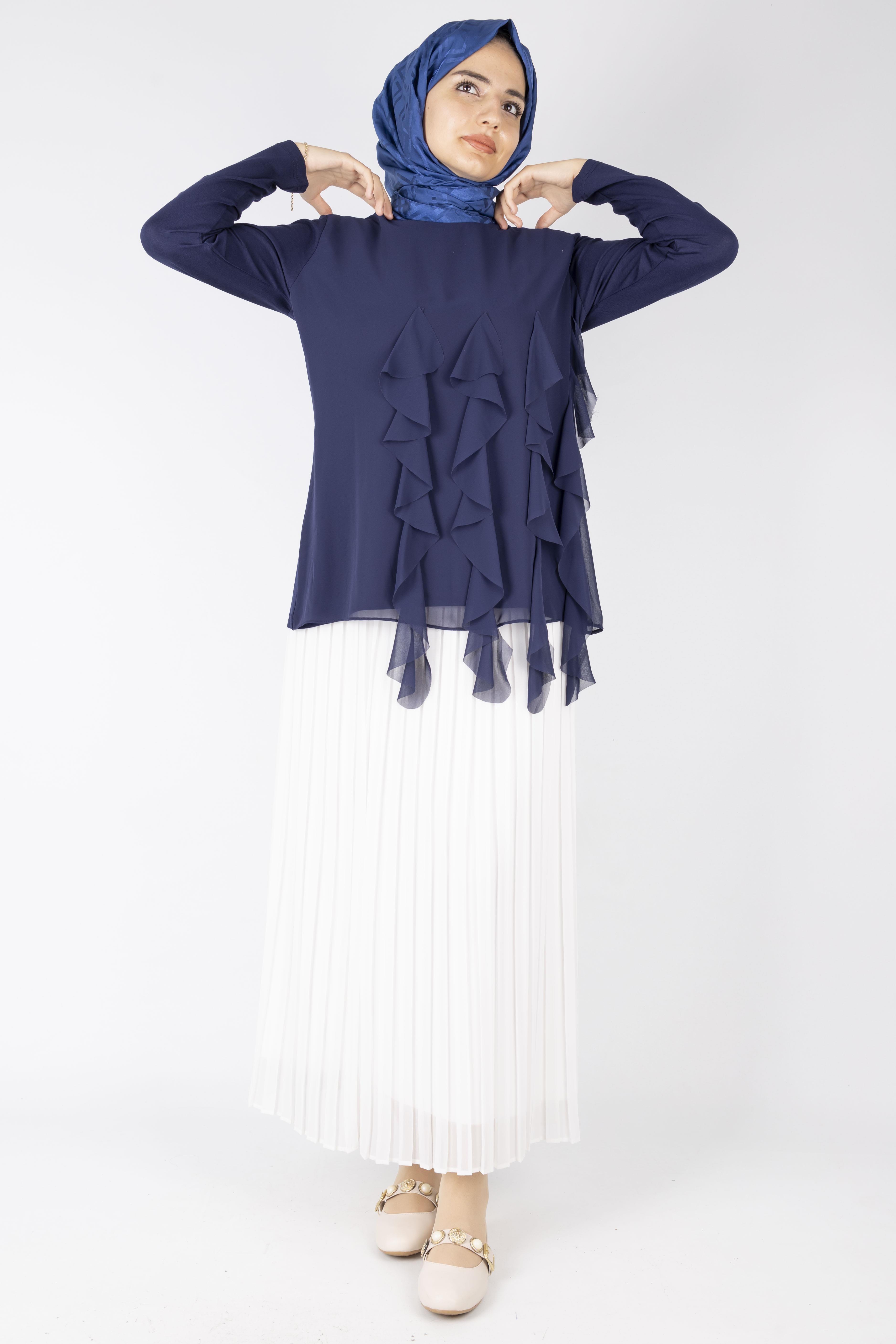 Üçlü Fırfırlı Penye Tunik Lacivert OTW578