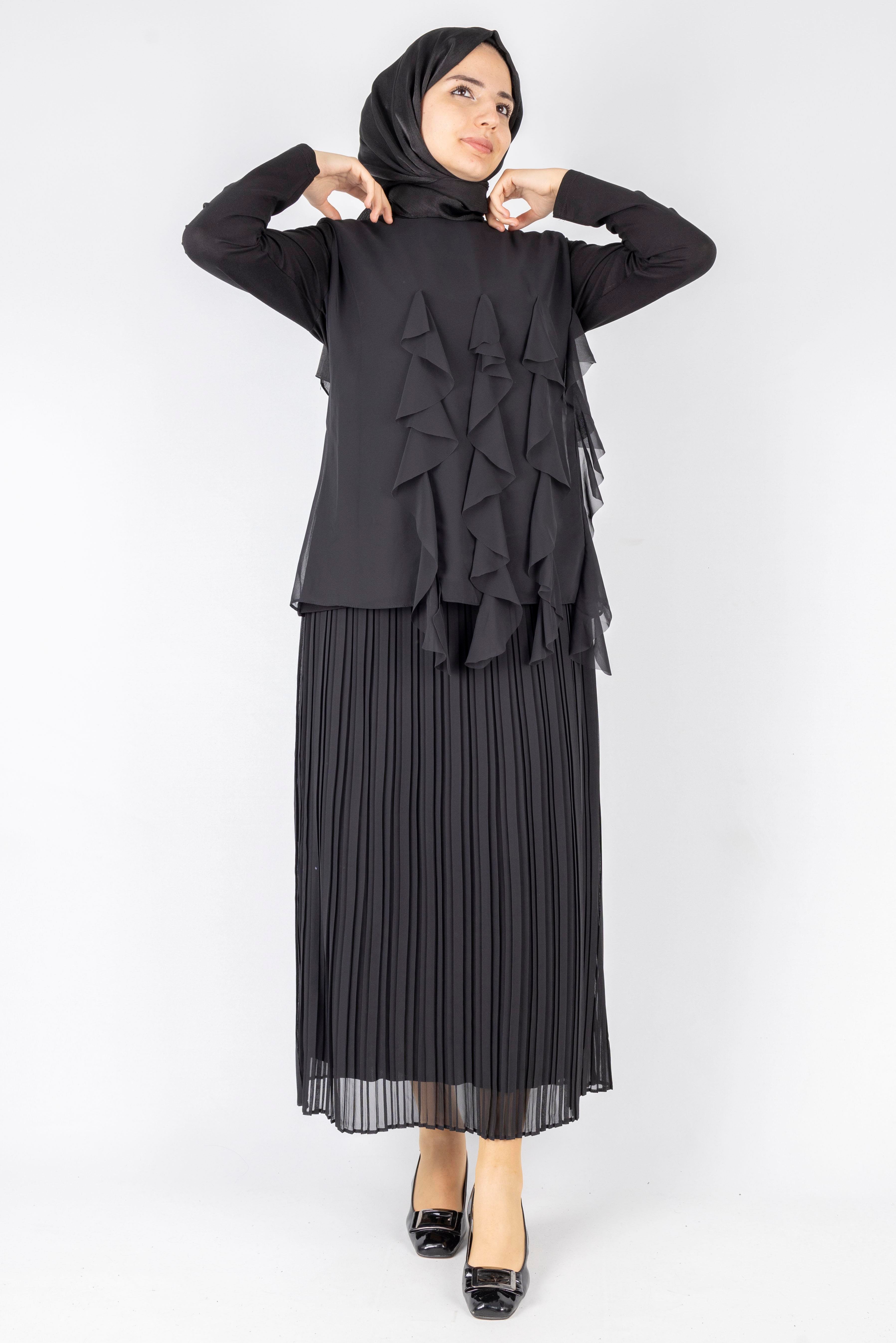 Üçlü Fırfırlı Penye Tunik Siyah OTW578