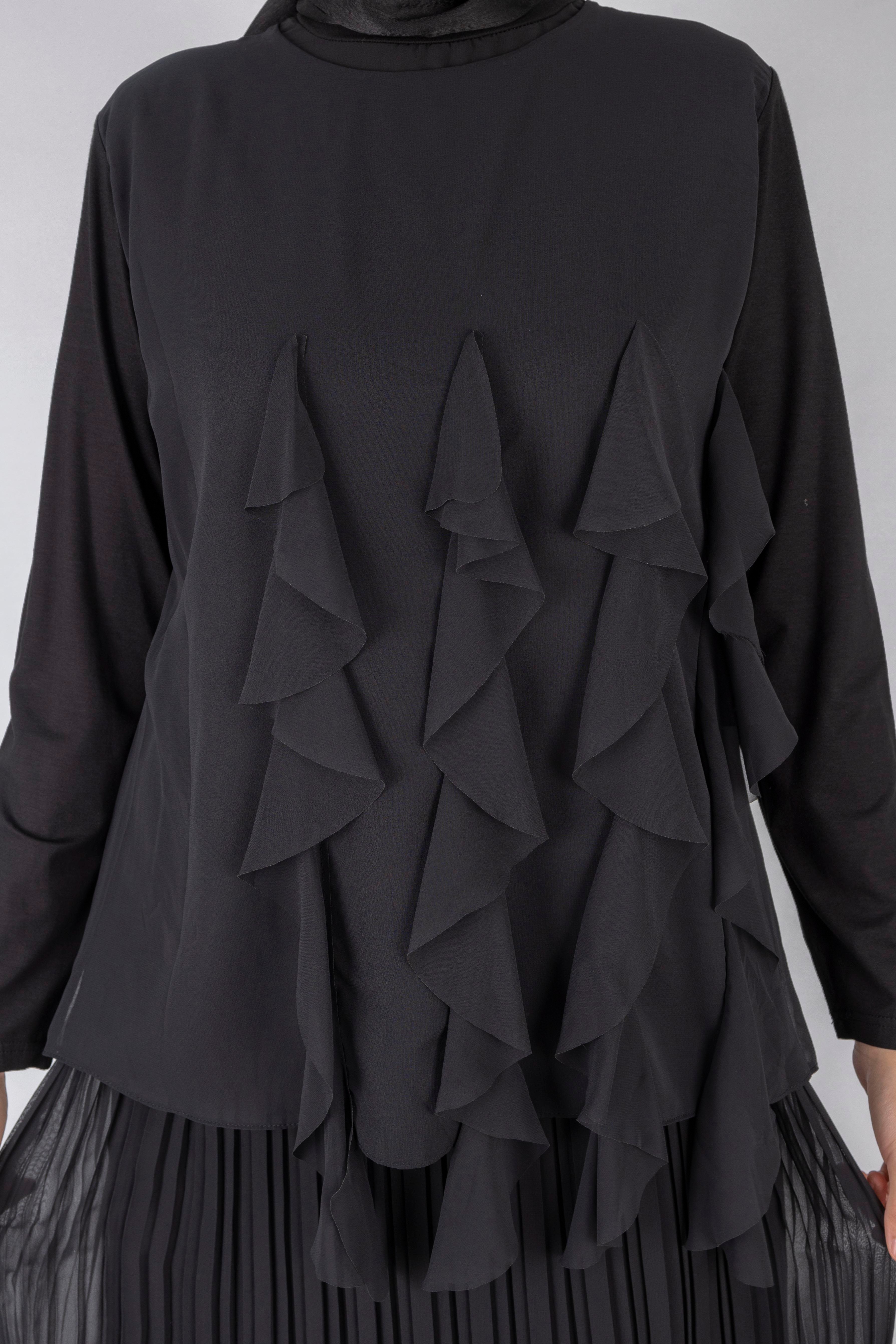 Üçlü Fırfırlı Penye Tunik Siyah OTW578