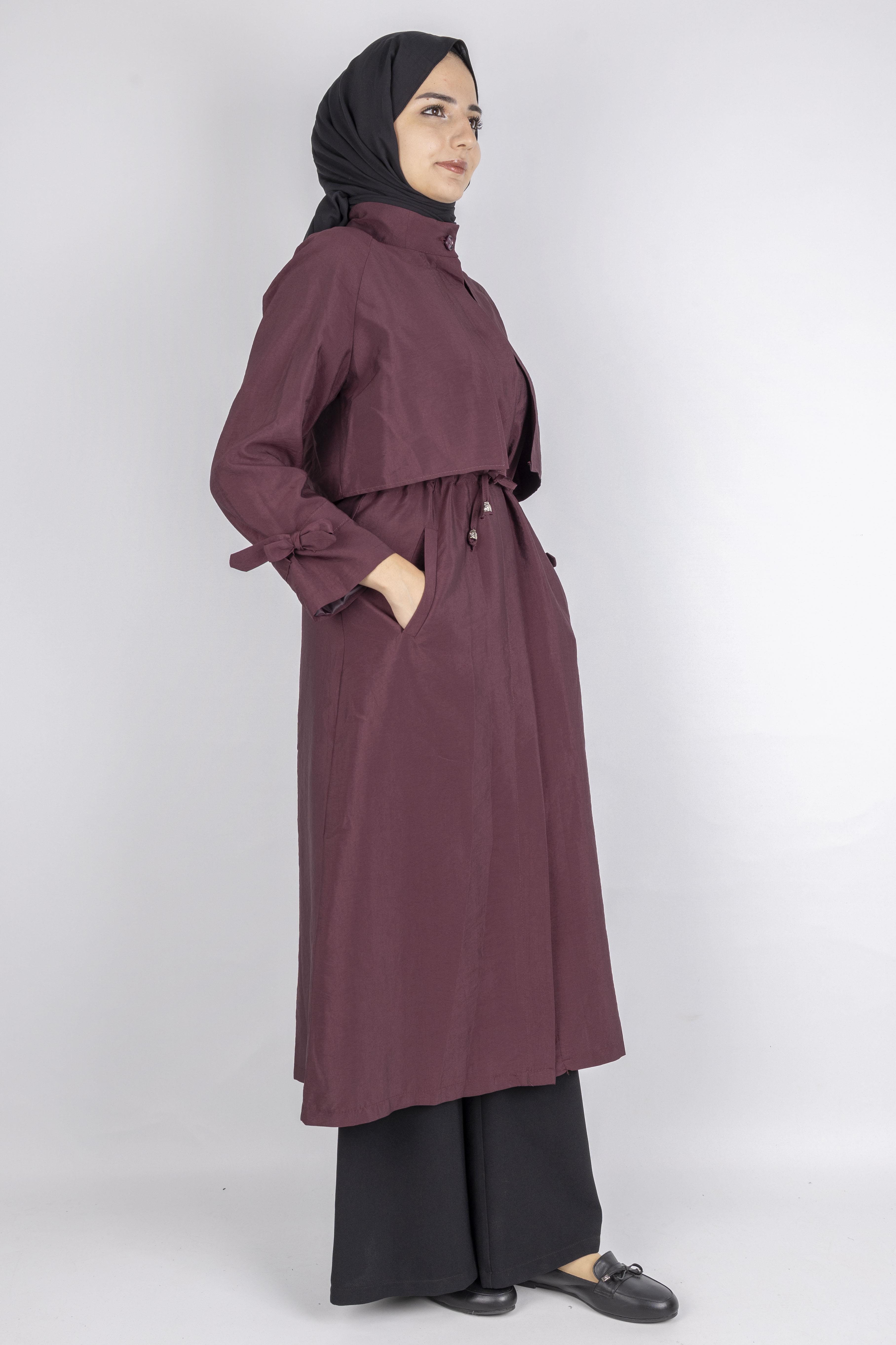 Üst Kapak Detaylı Kuşaklı Trençkot Bordo OTW4176