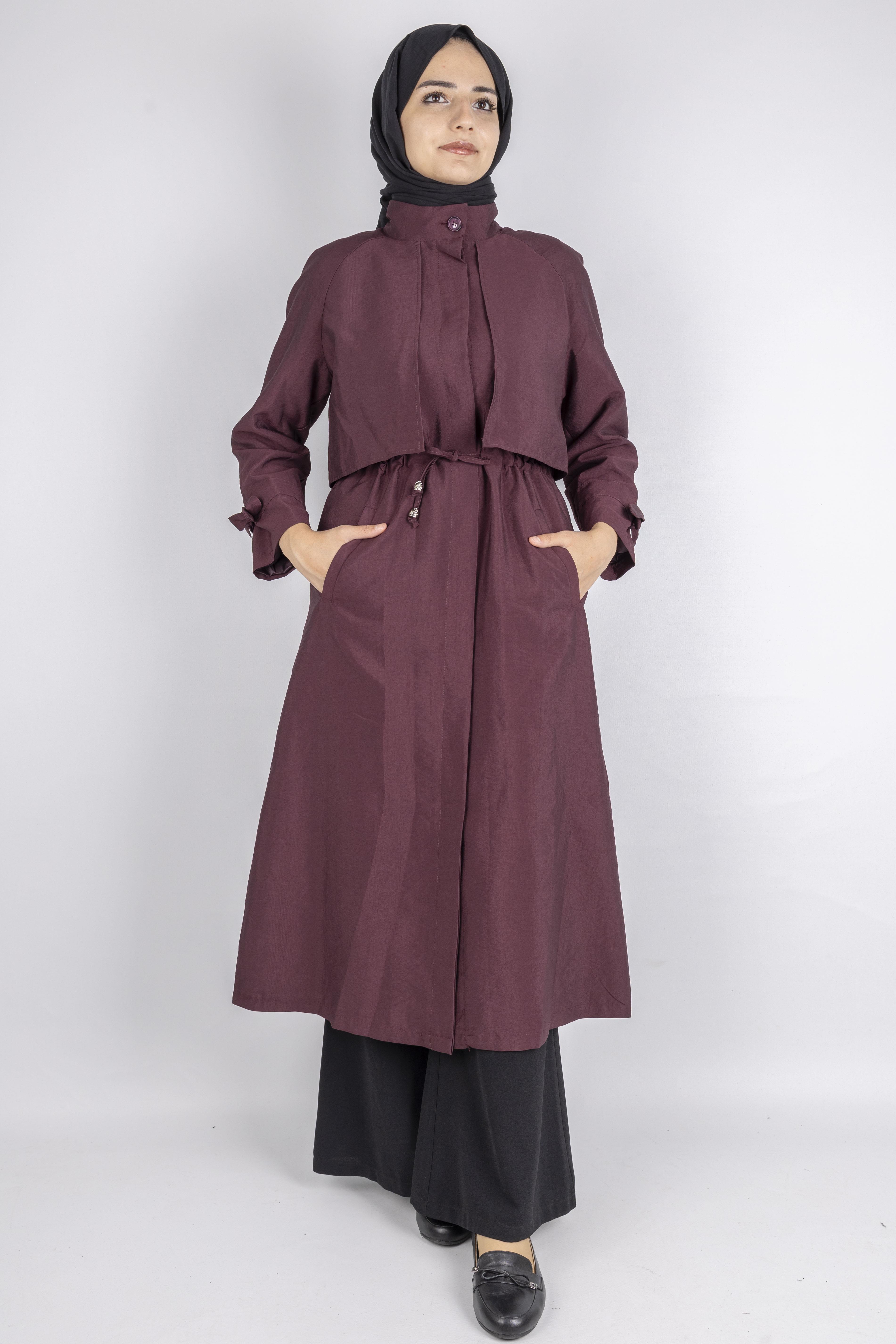 Üst Kapak Detaylı Kuşaklı Trençkot Bordo OTW4176