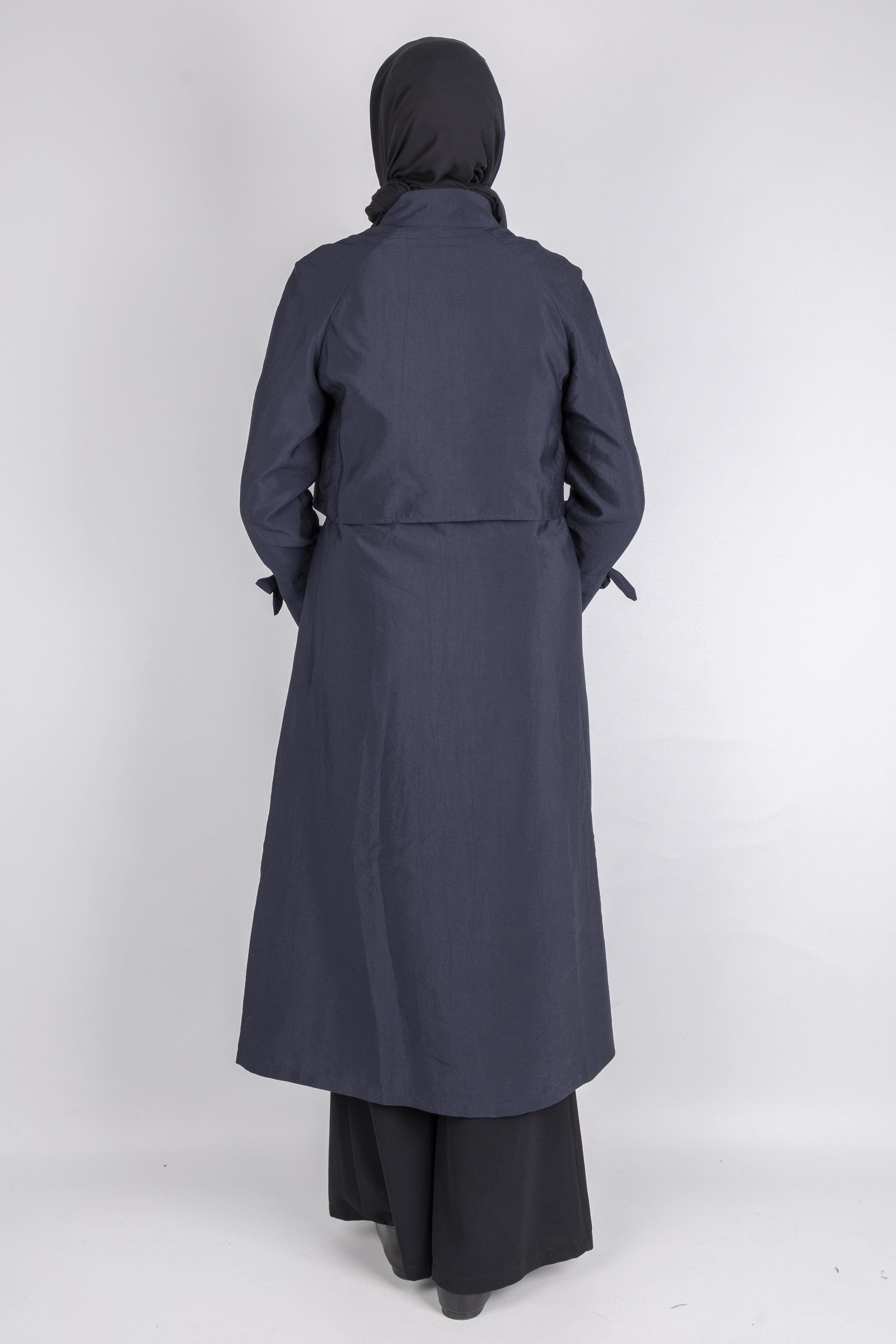 Üst Kapak Detaylı Kuşaklı Trençkot Lacivert OTW4176