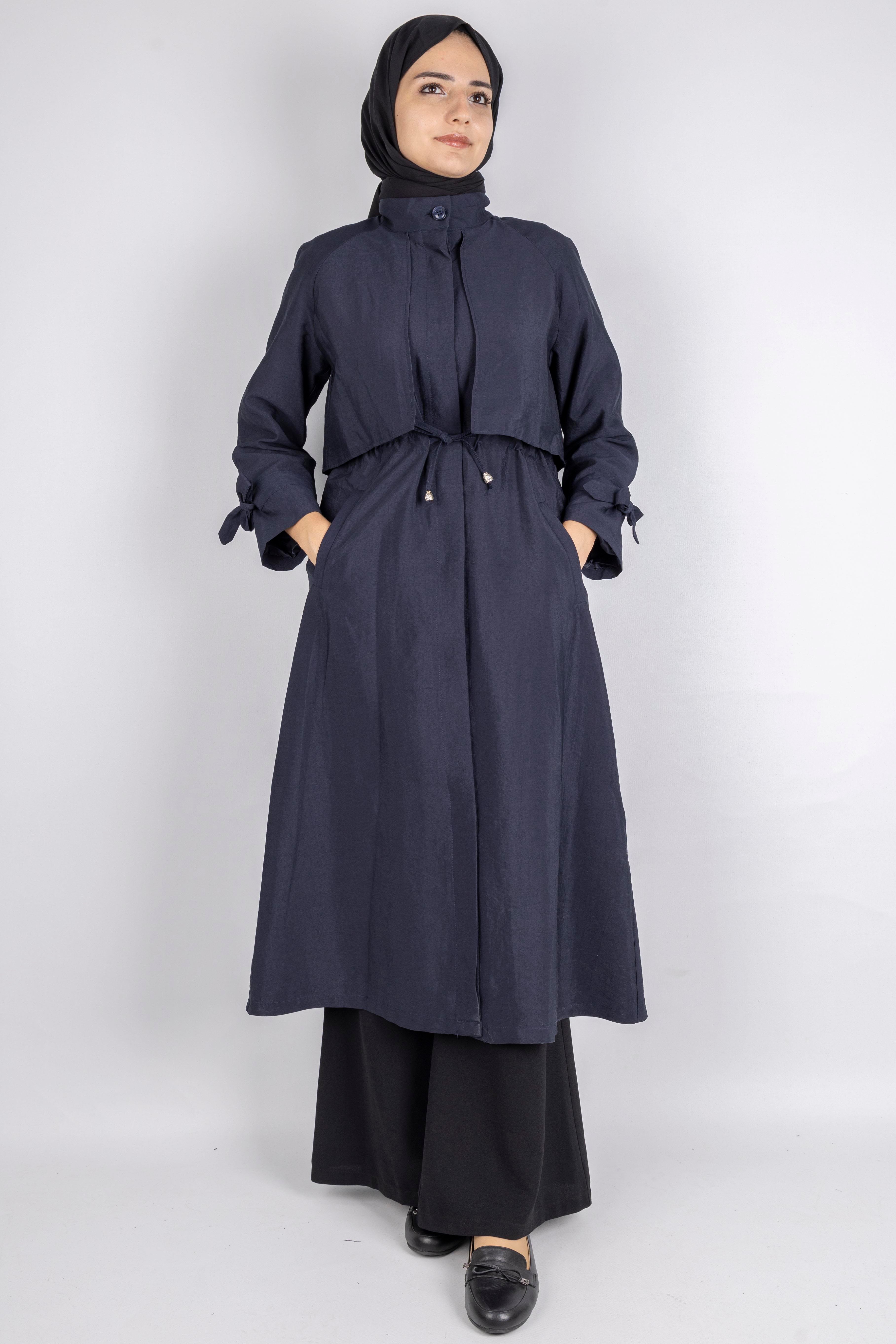 Üst Kapak Detaylı Kuşaklı Trençkot Lacivert OTW4176