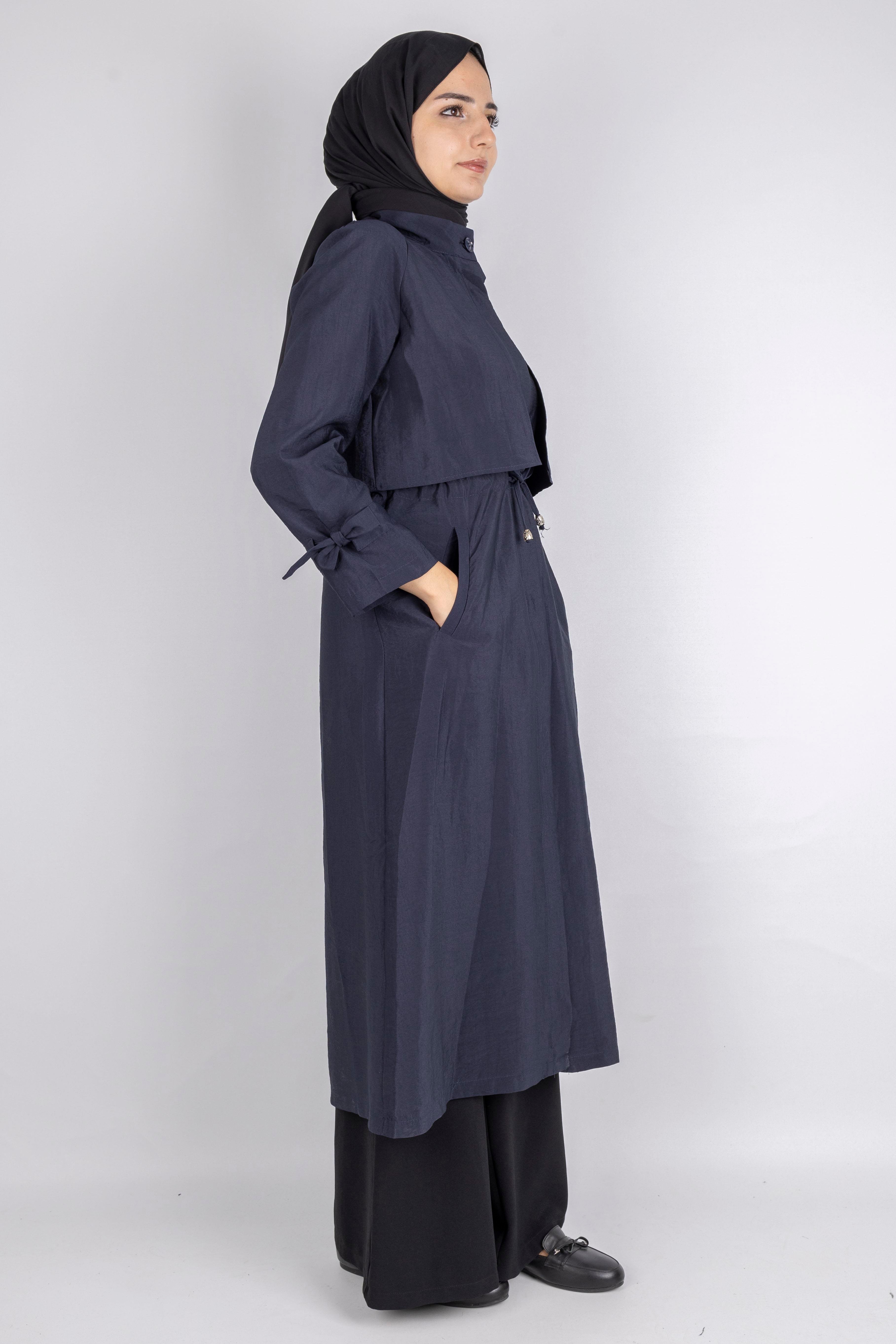 Üst Kapak Detaylı Kuşaklı Trençkot Lacivert OTW4176