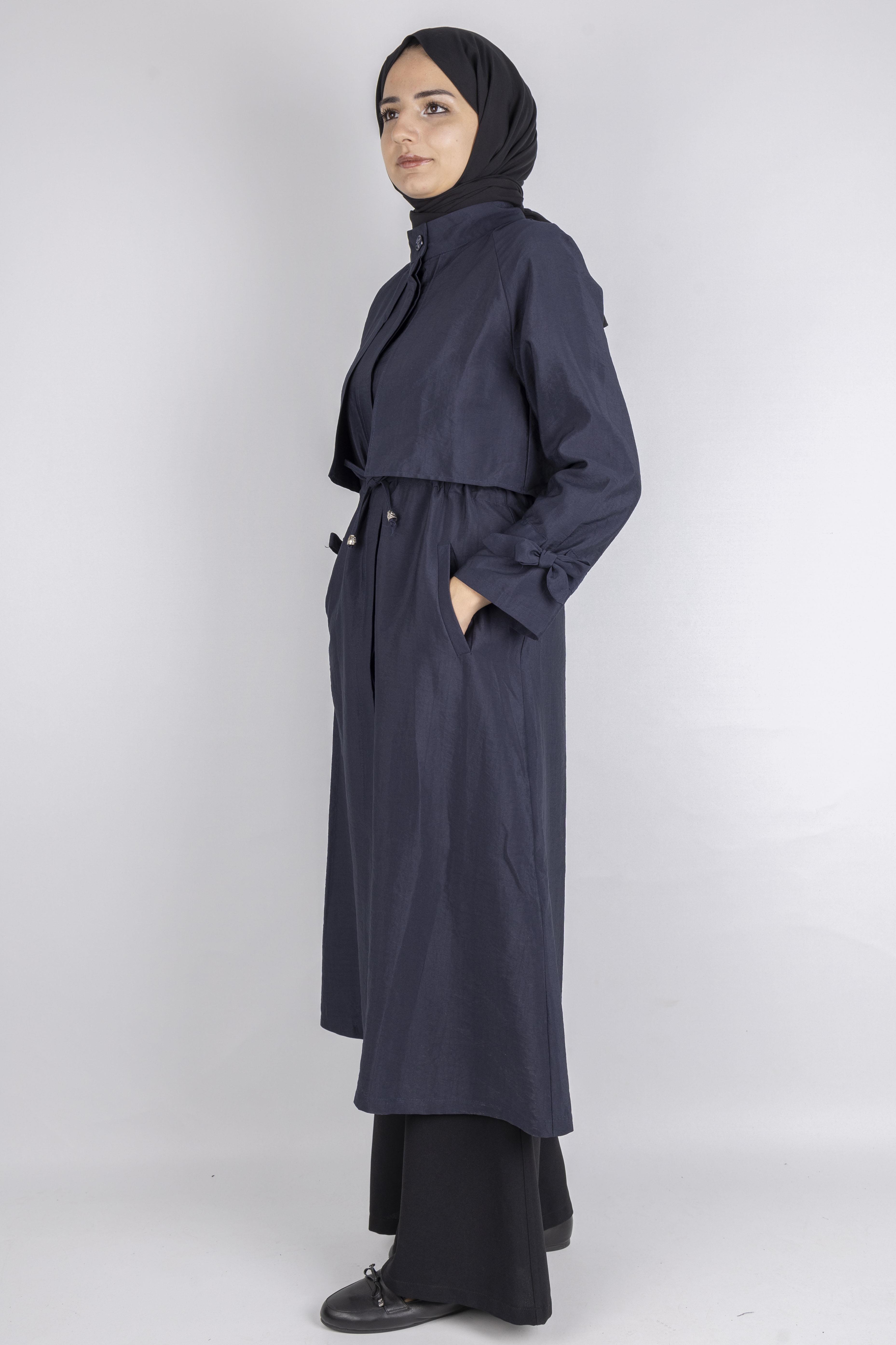 Üst Kapak Detaylı Kuşaklı Trençkot Lacivert OTW4176