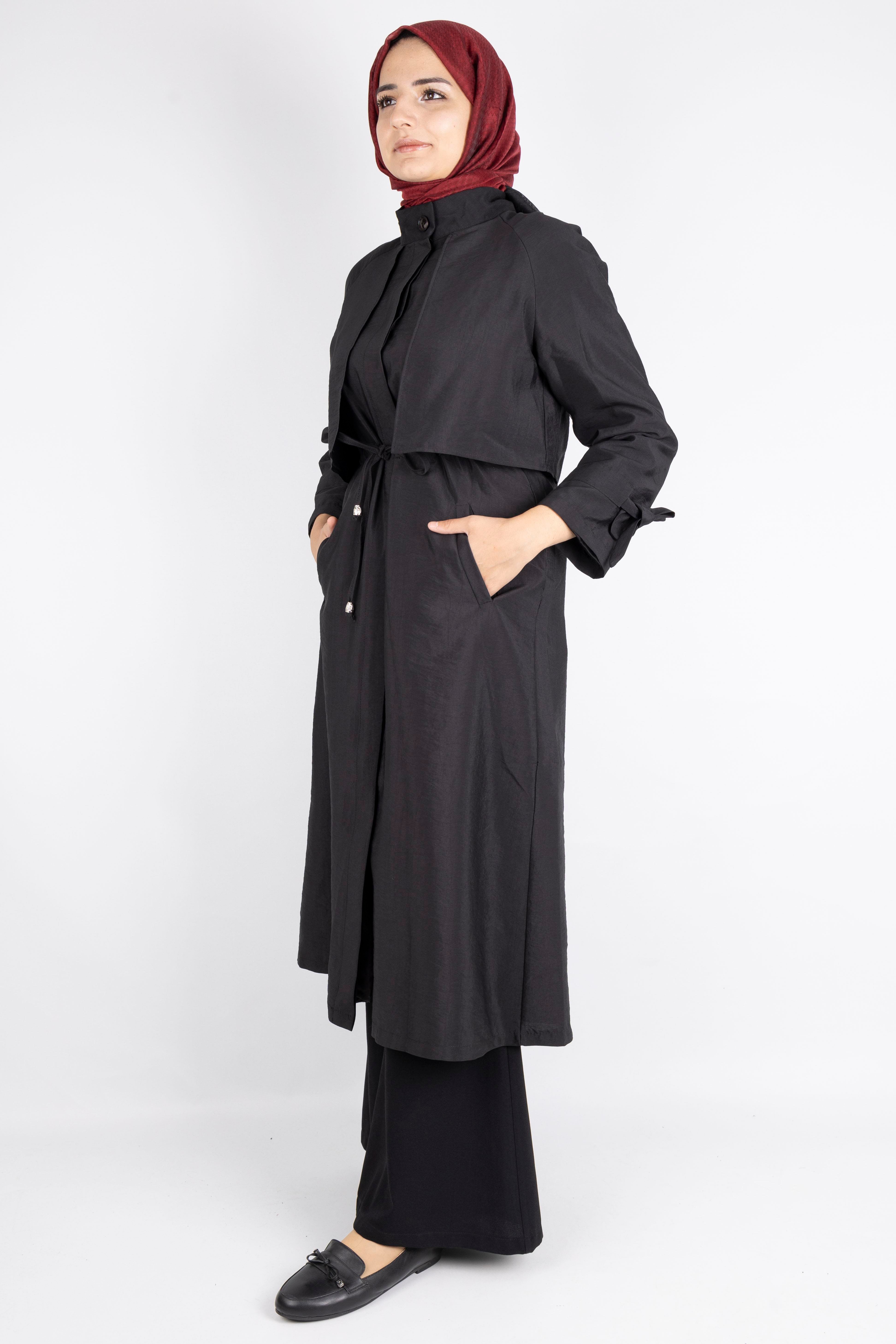 Üst Kapak Detaylı Kuşaklı Trençkot Siyah OTW4176