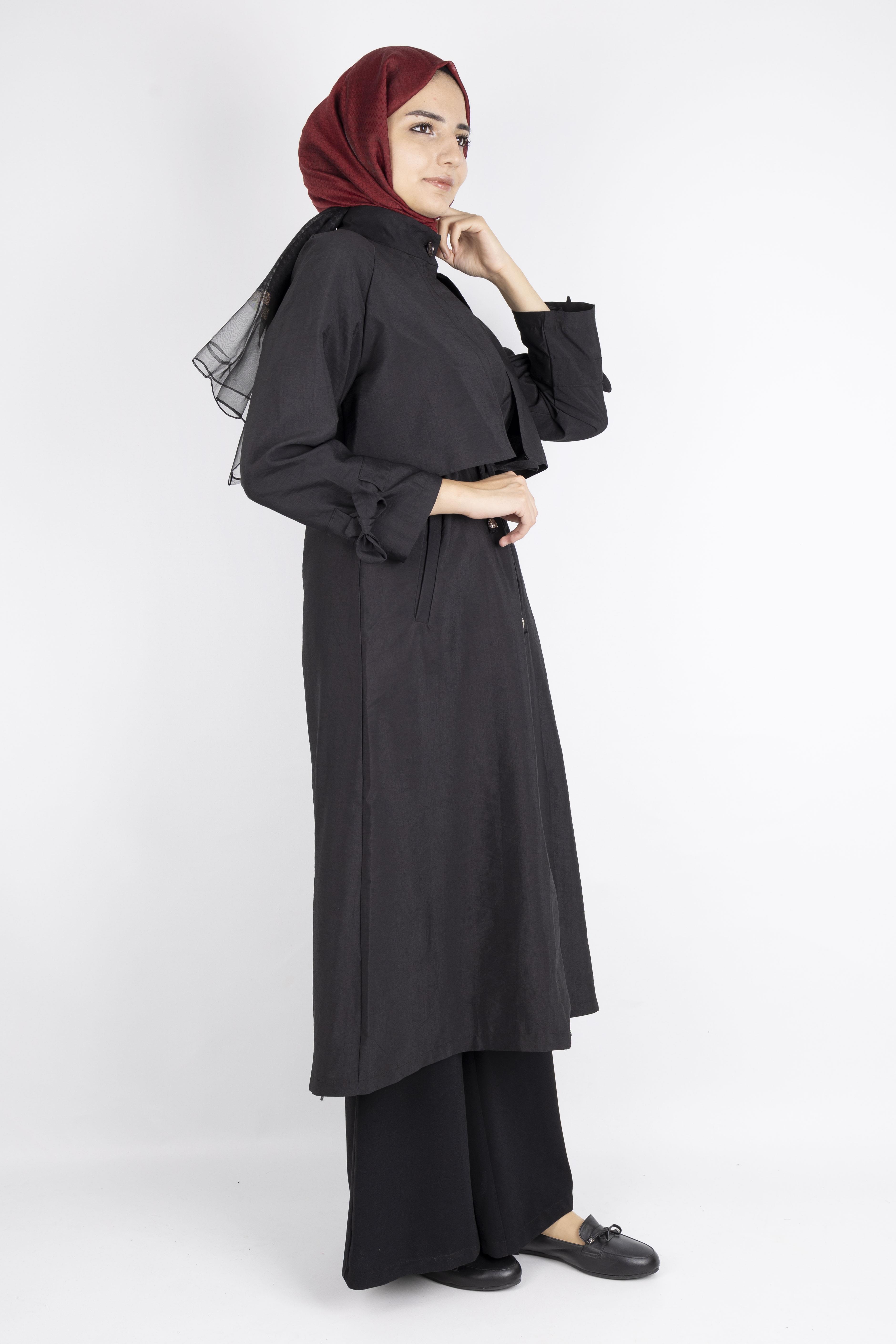 Üst Kapak Detaylı Kuşaklı Trençkot Siyah OTW4176