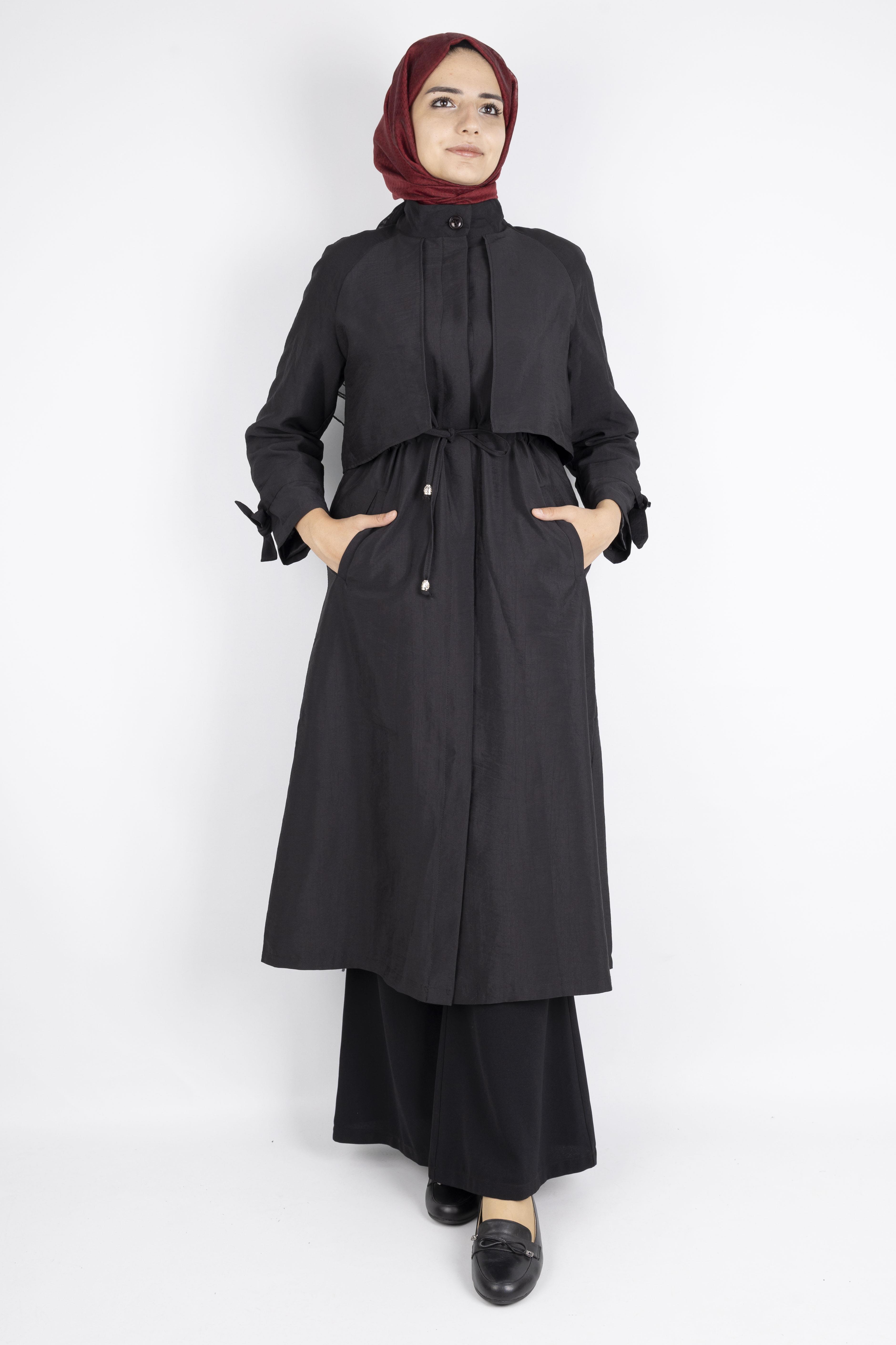 Üst Kapak Detaylı Kuşaklı Trençkot Siyah OTW4176