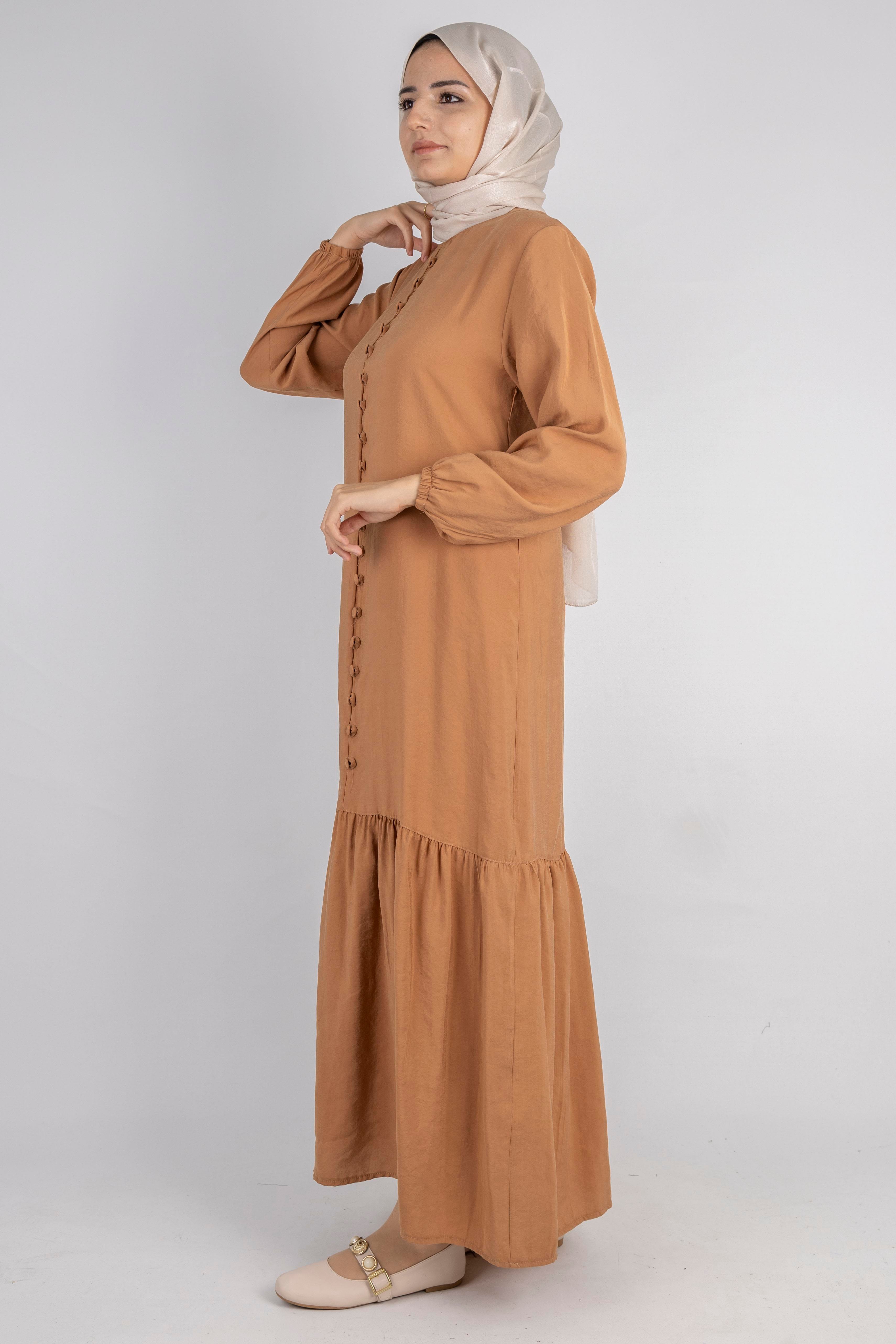 Volan Etek Detaylı Düğmeli Elbise Camel OTW2178