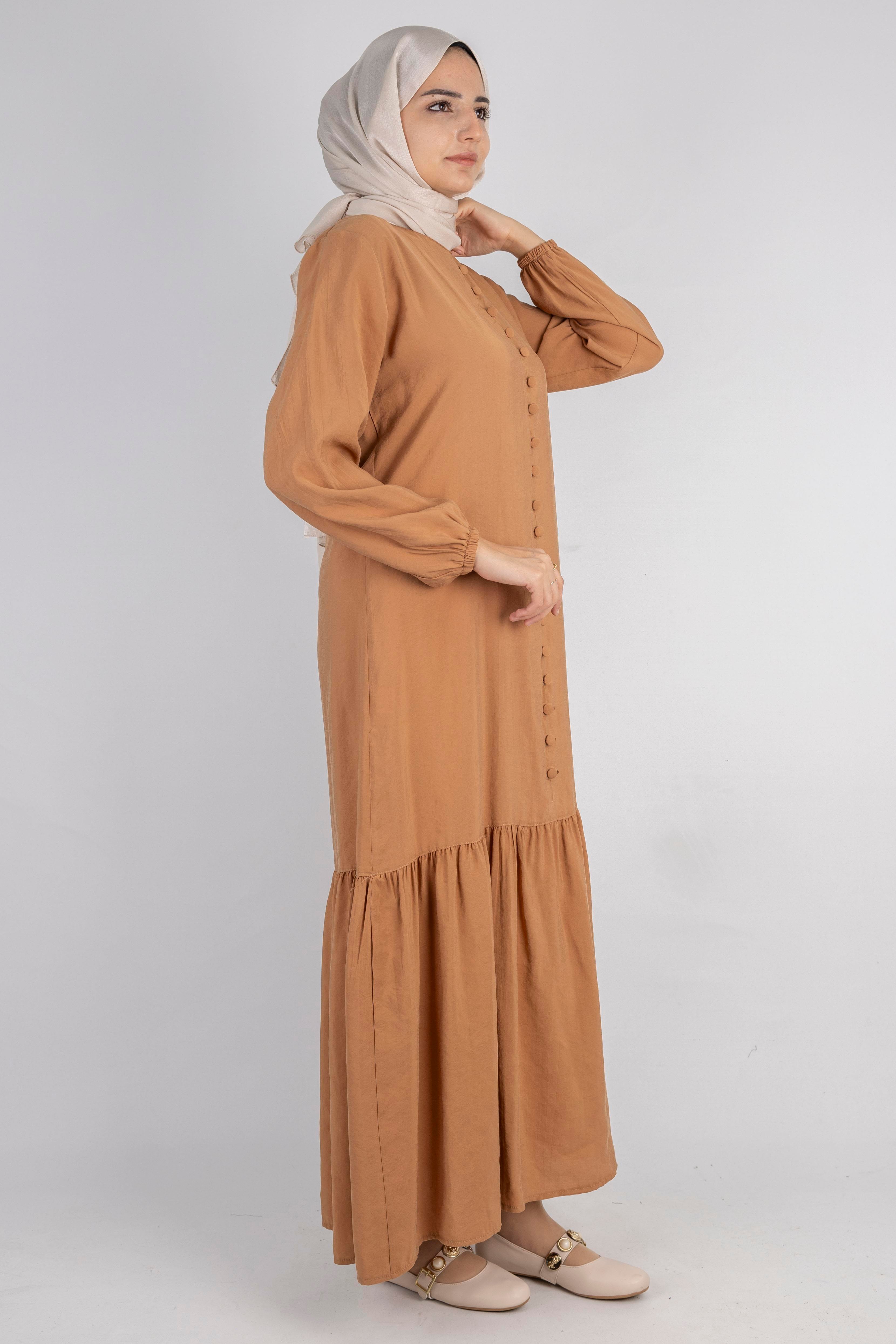 Volan Etek Detaylı Düğmeli Elbise Camel OTW2178