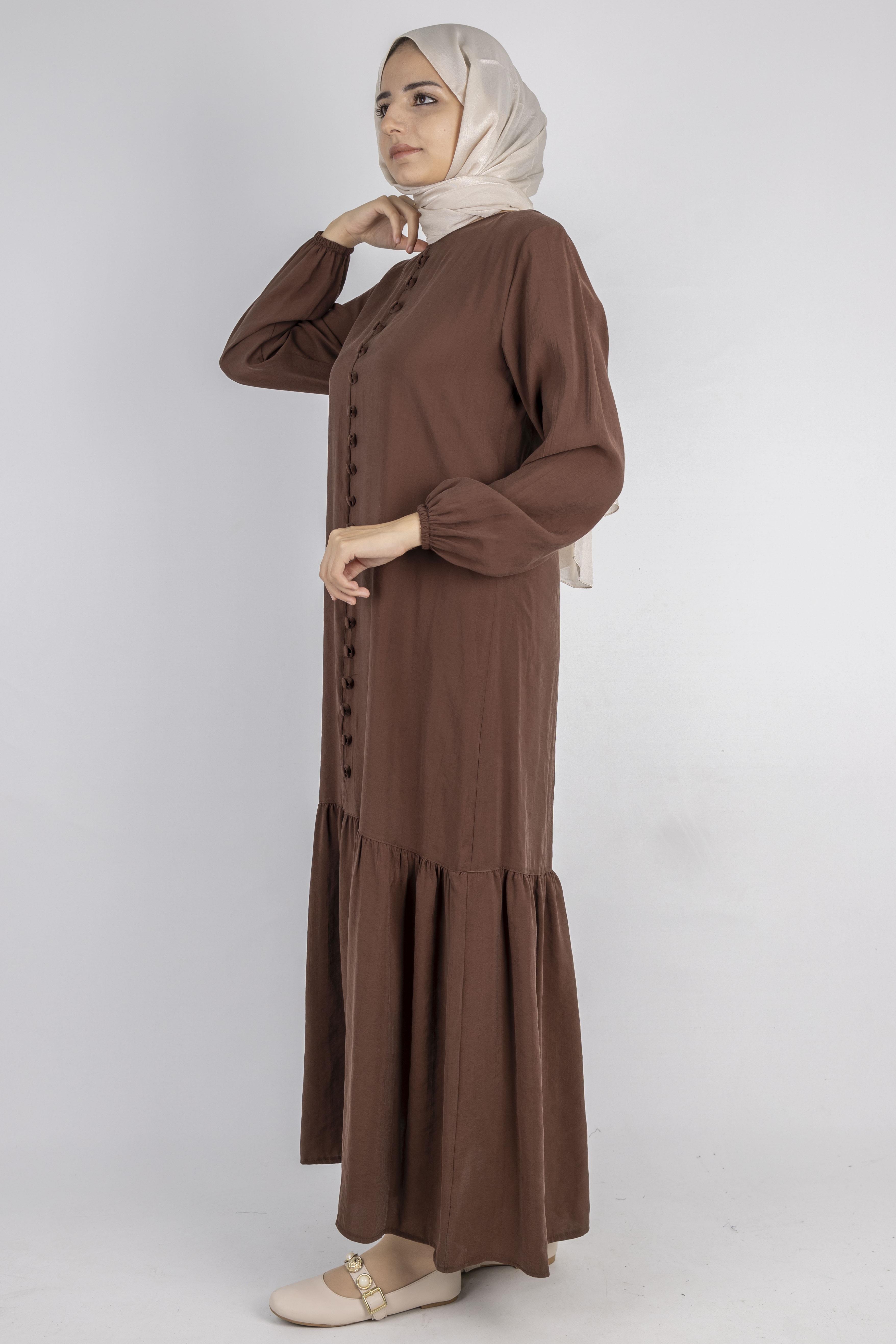 Volan Etek Detaylı Düğmeli Elbise Kahve OTW2178