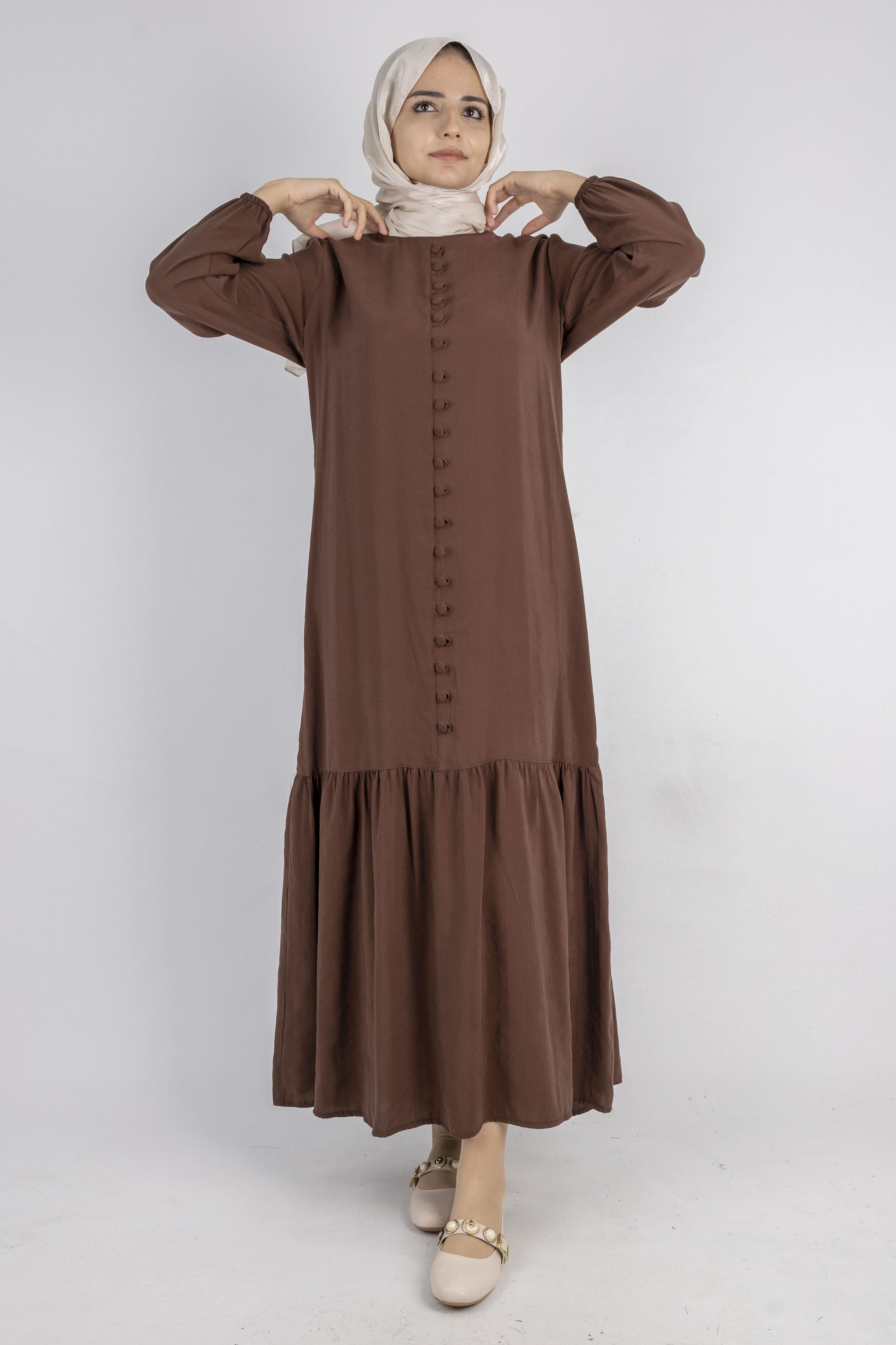 Volan Etek Detaylı Düğmeli Elbise Kahve OTW2178