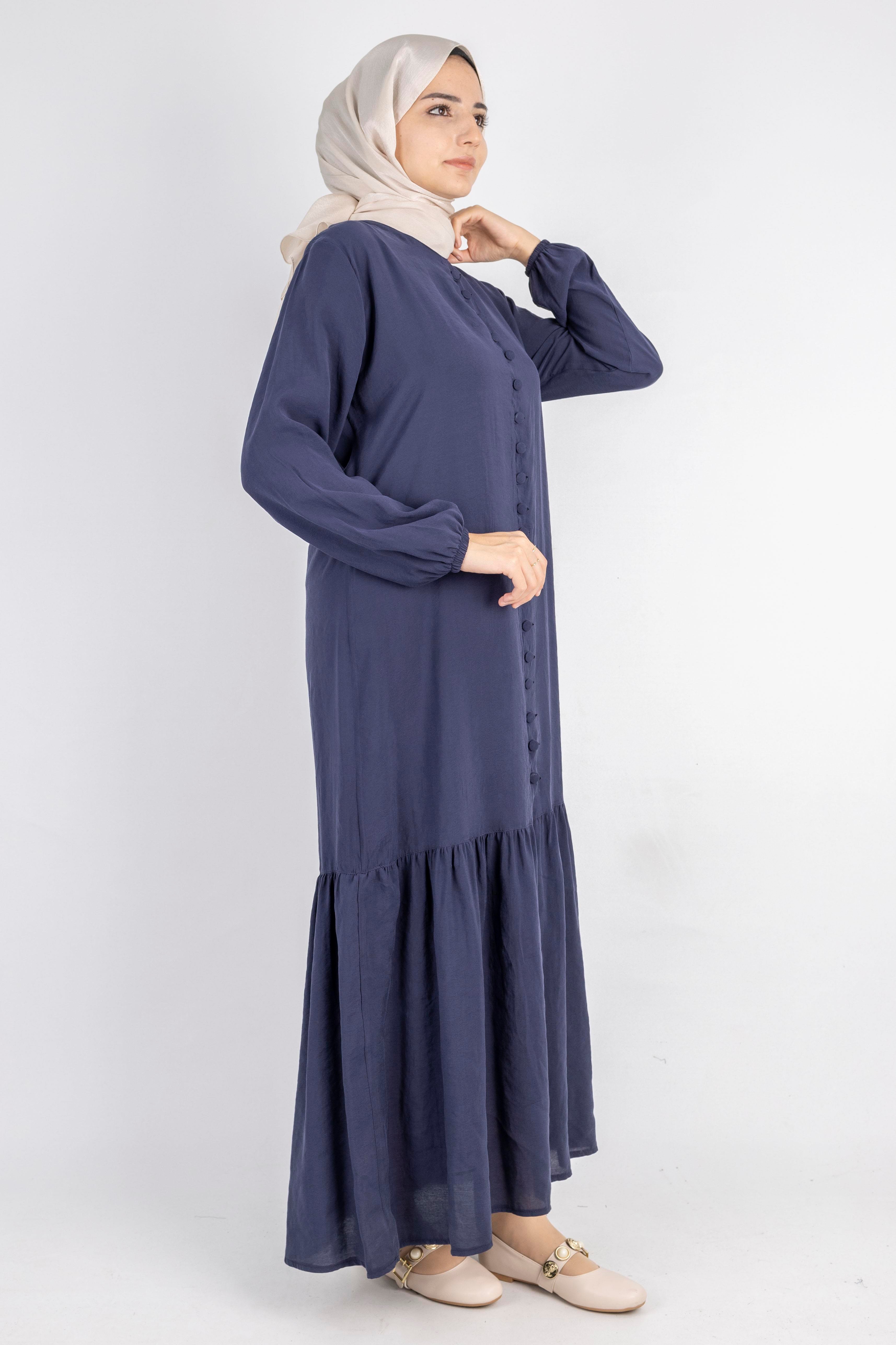 Volan Etek Detaylı Düğmeli Elbise Lacivert OTW2178