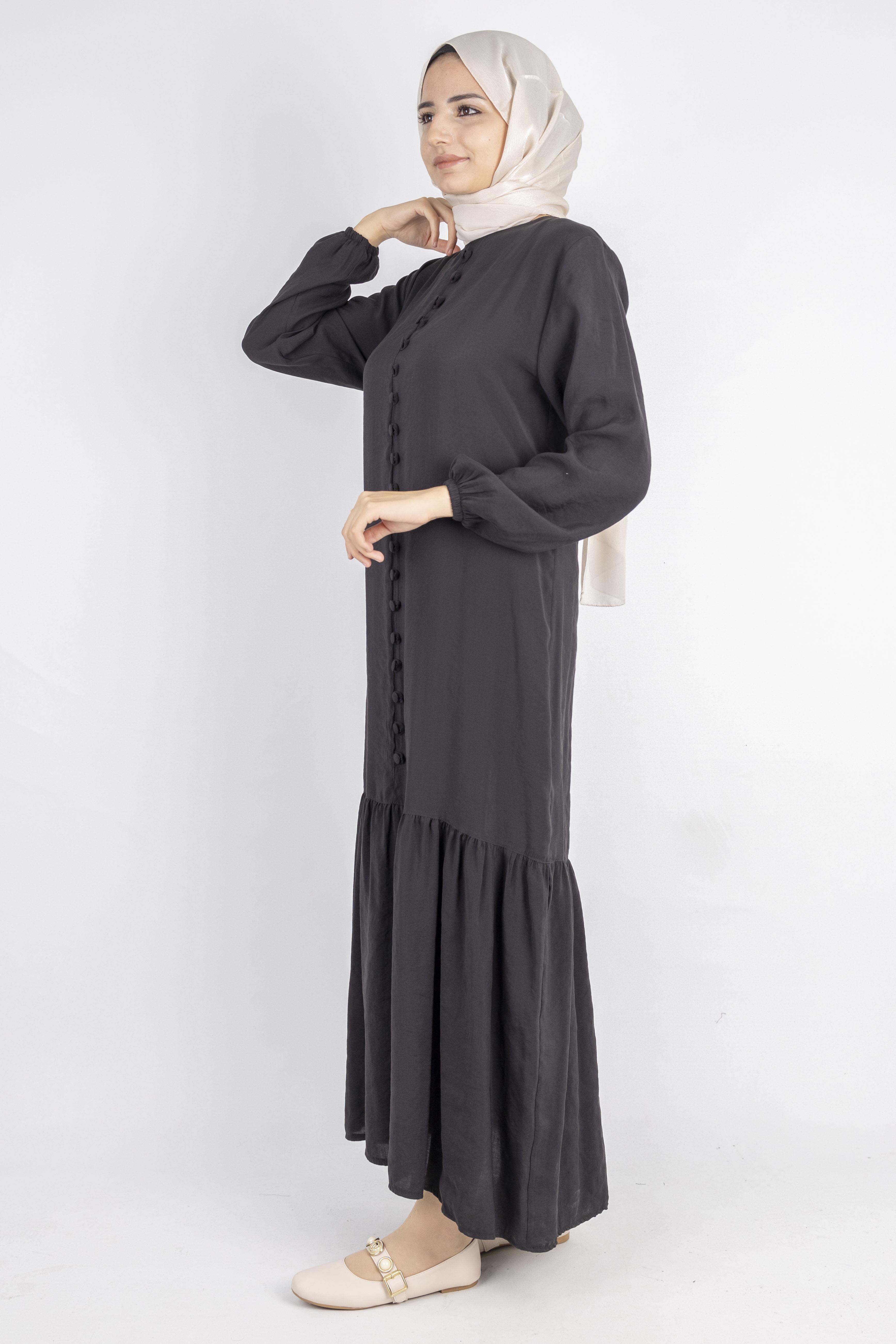 Volan Etek Detaylı Düğmeli Elbise Siyah OTW2178