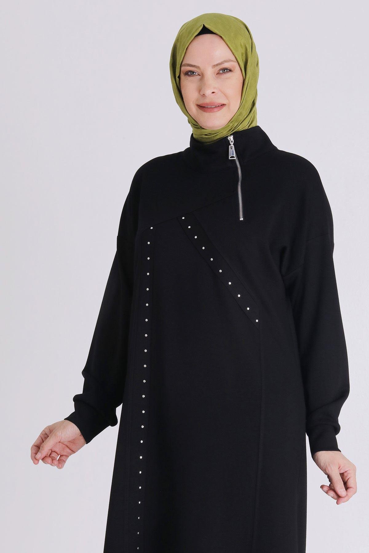 Yarım Fermuarlı Modern Siyah Büyük Beden Taş İşlemeli Tunik Siyah OTW2059