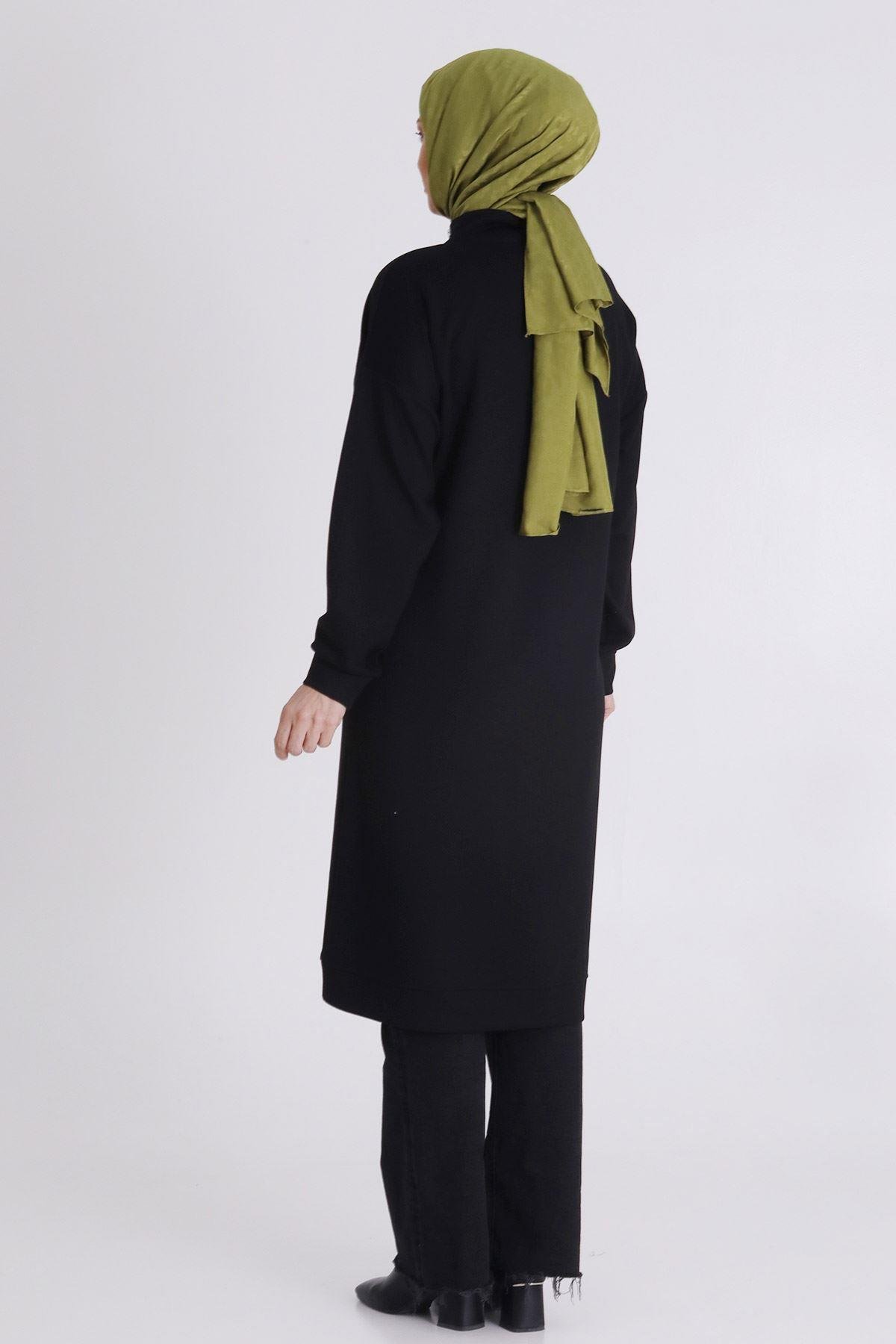 Yarım Fermuarlı Modern Siyah Büyük Beden Taş İşlemeli Tunik Siyah OTW2059