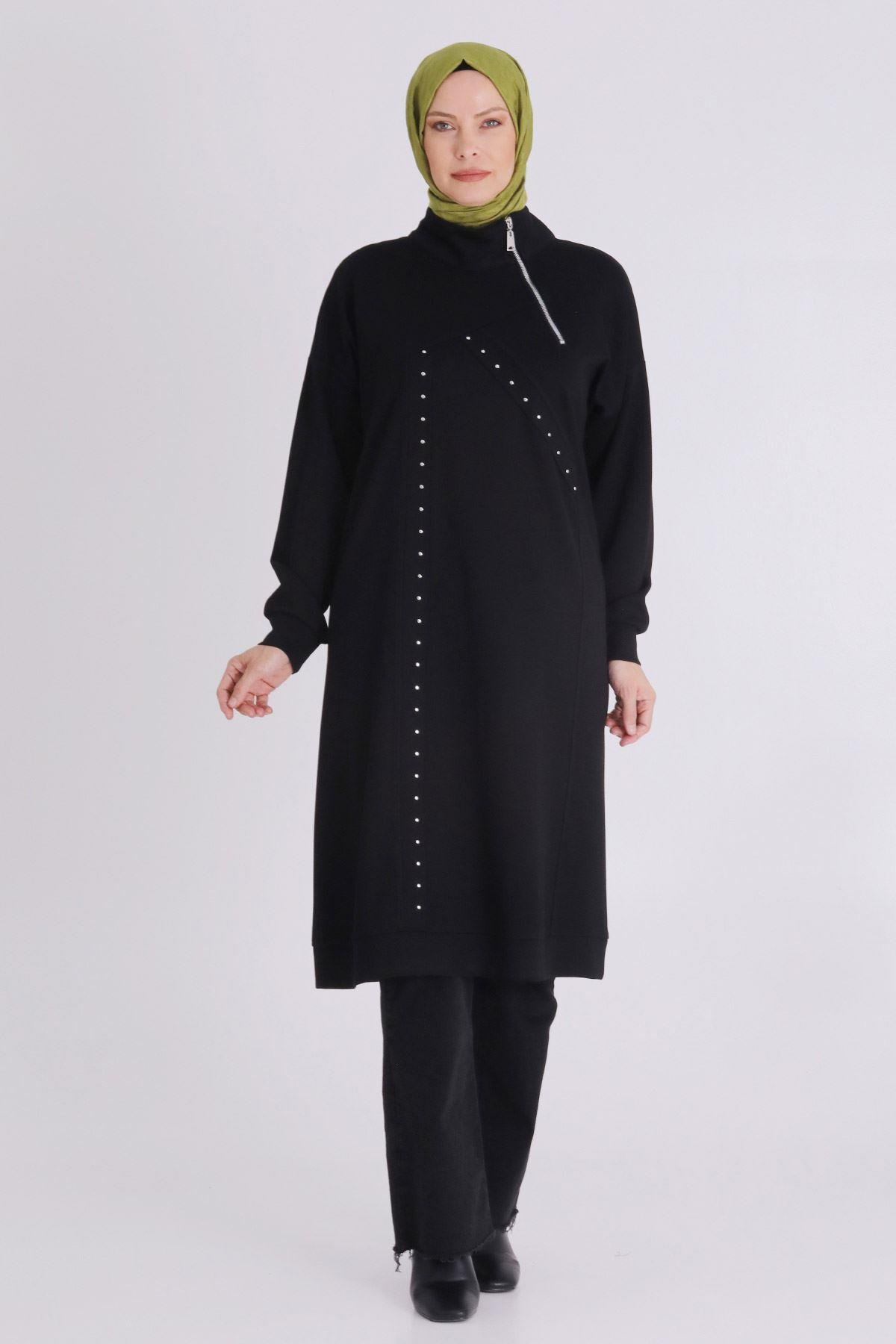 Yarım Fermuarlı Modern Siyah Büyük Beden Taş İşlemeli Tunik Siyah OTW2059