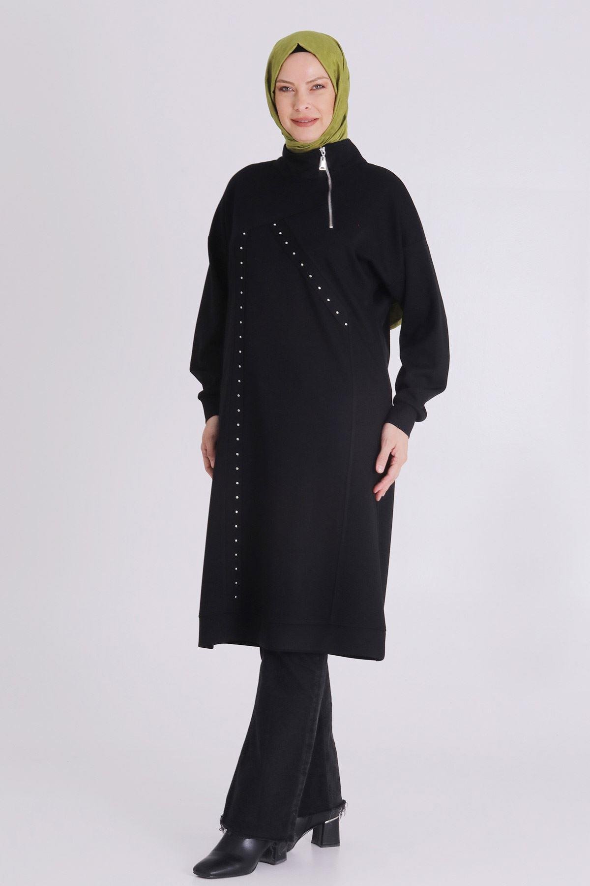 Yarım Fermuarlı Modern Siyah Büyük Beden Taş İşlemeli Tunik Siyah OTW2059