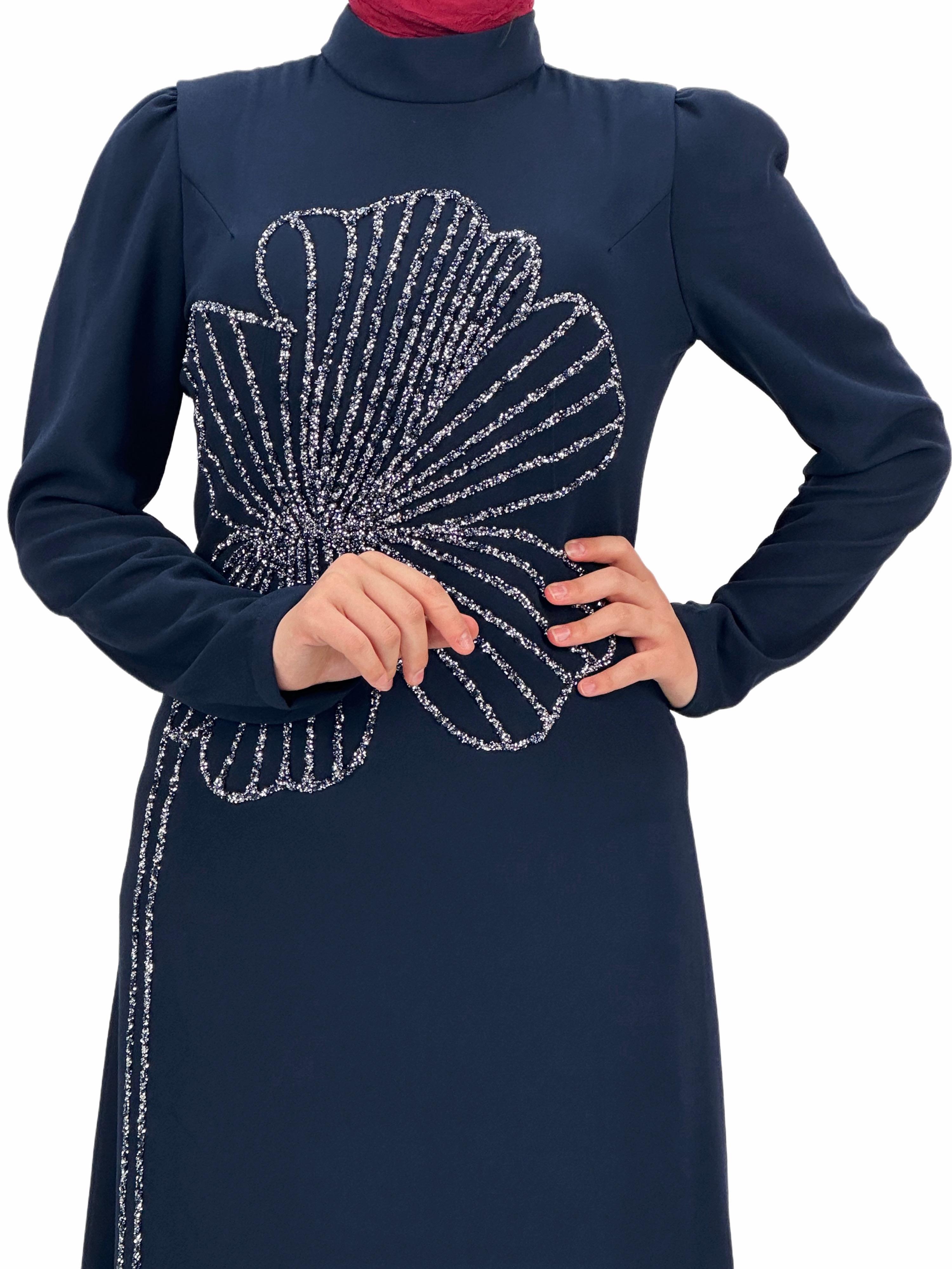 Yonca Desenli Elbise Lacivert OTW4599