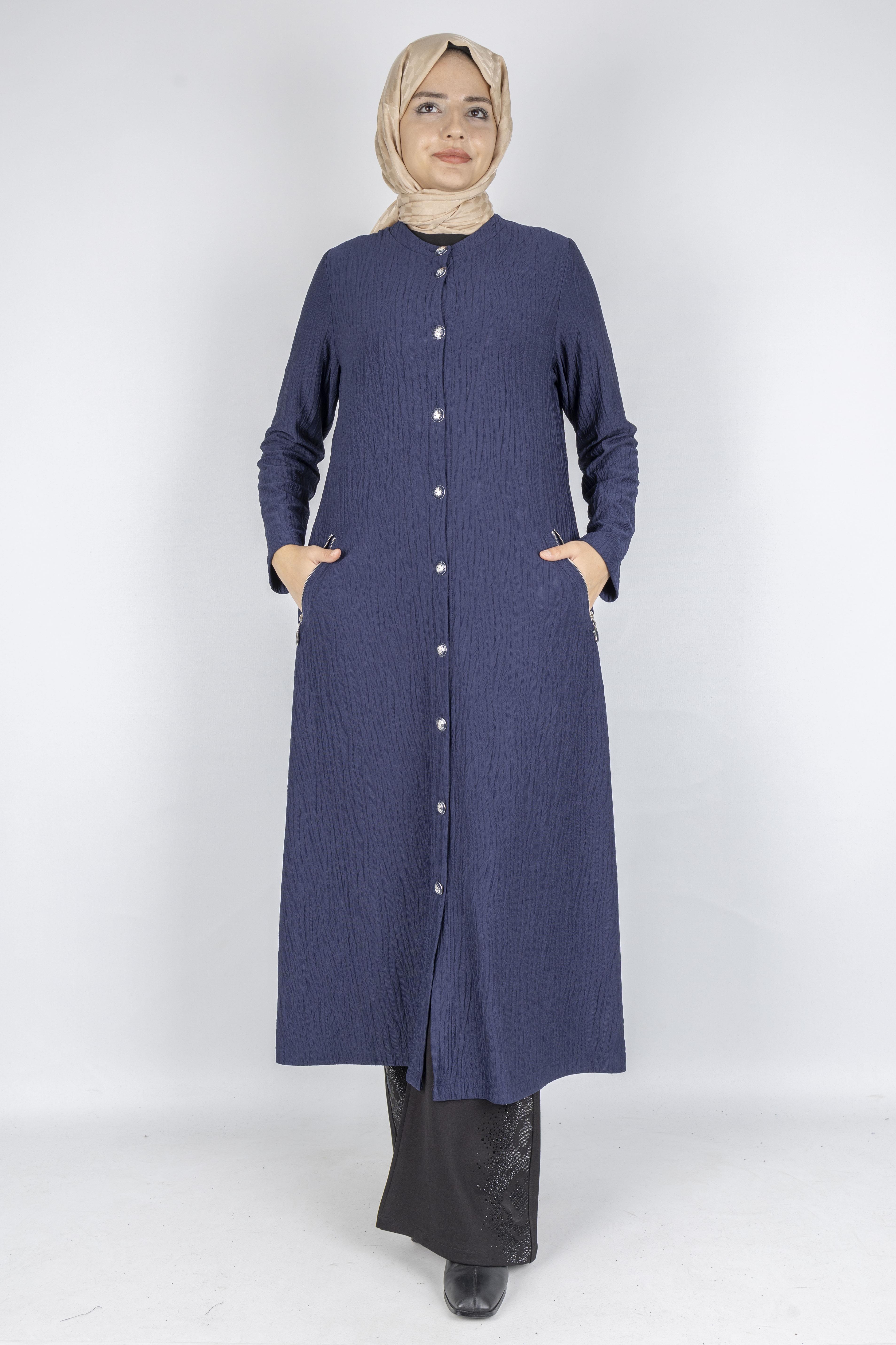 Yuvarlak Yaka Büyük Beden Düğmeli Kap Lacivert OTW702