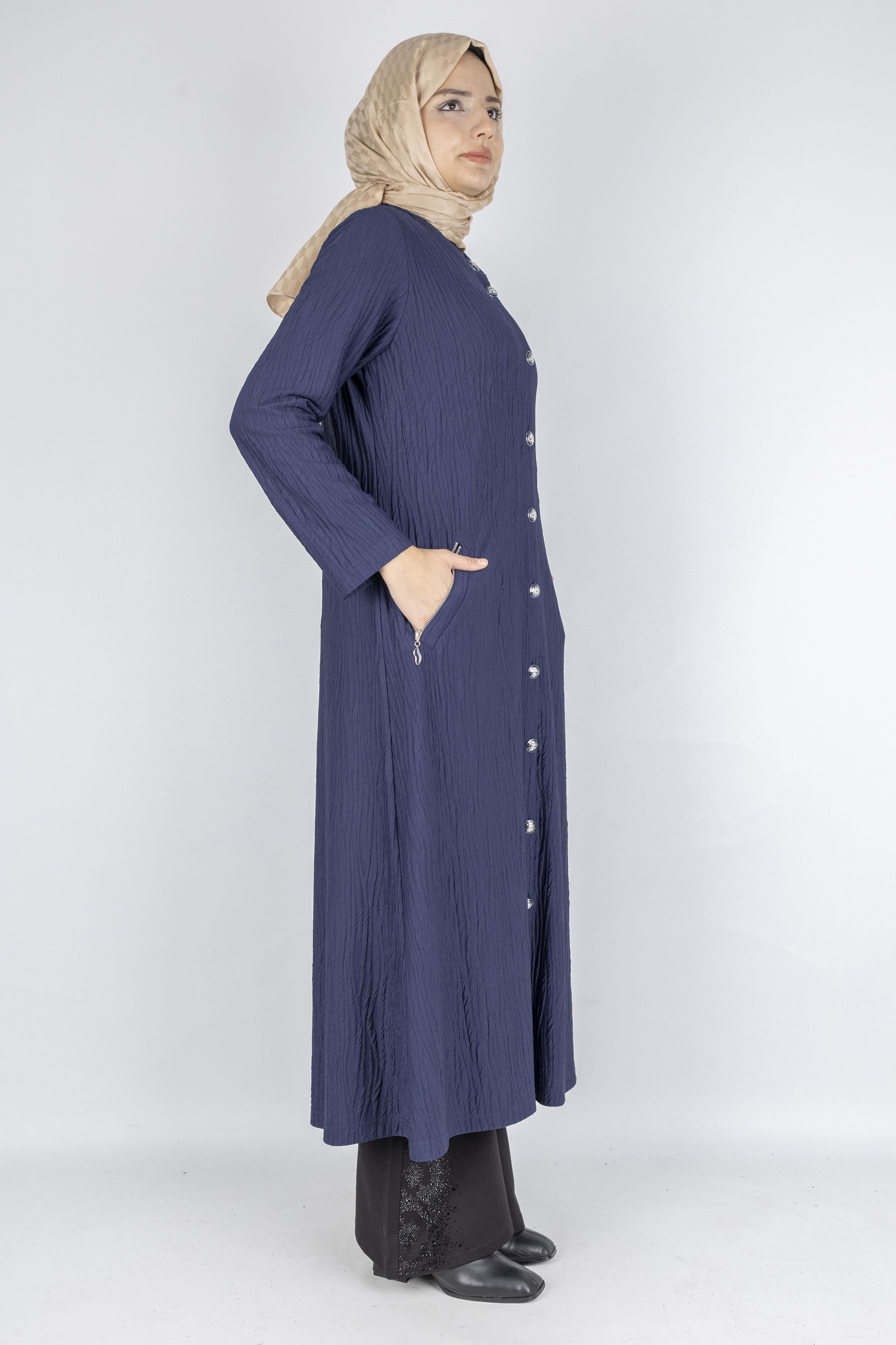 Yuvarlak Yaka Büyük Beden Düğmeli Kap Lacivert OTW702