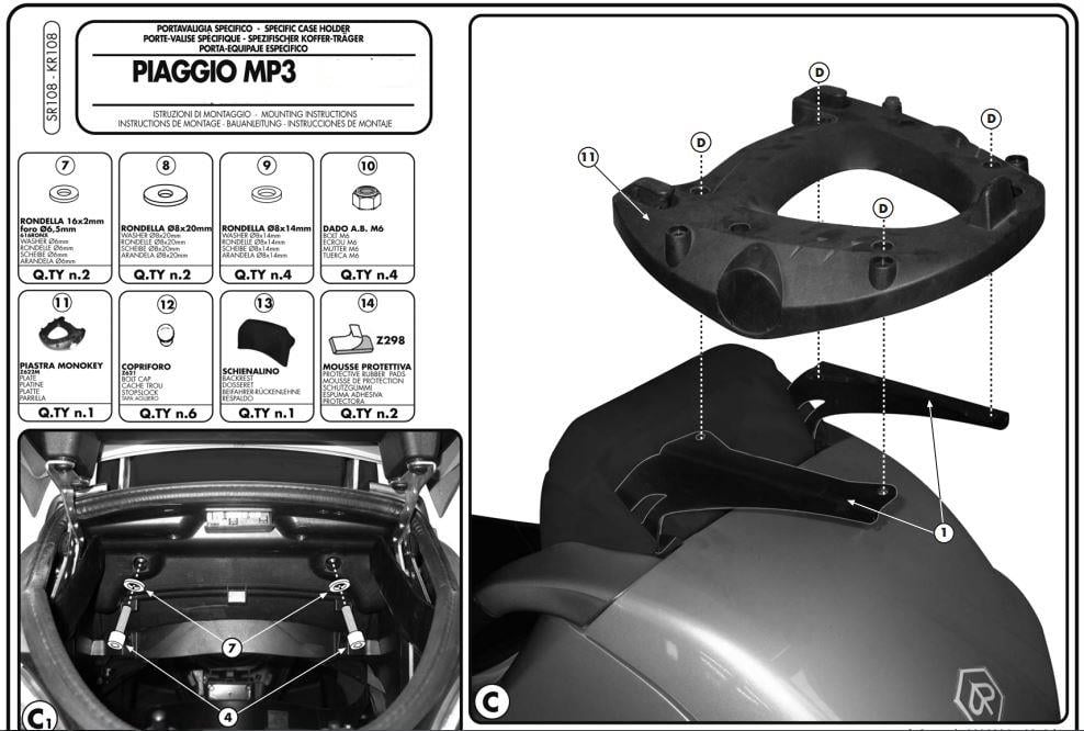 GIVI SR108 PIAGGIO MP3 125-250-300-400-500 (06-14) ARKA ÇANTA TAŞIYICI