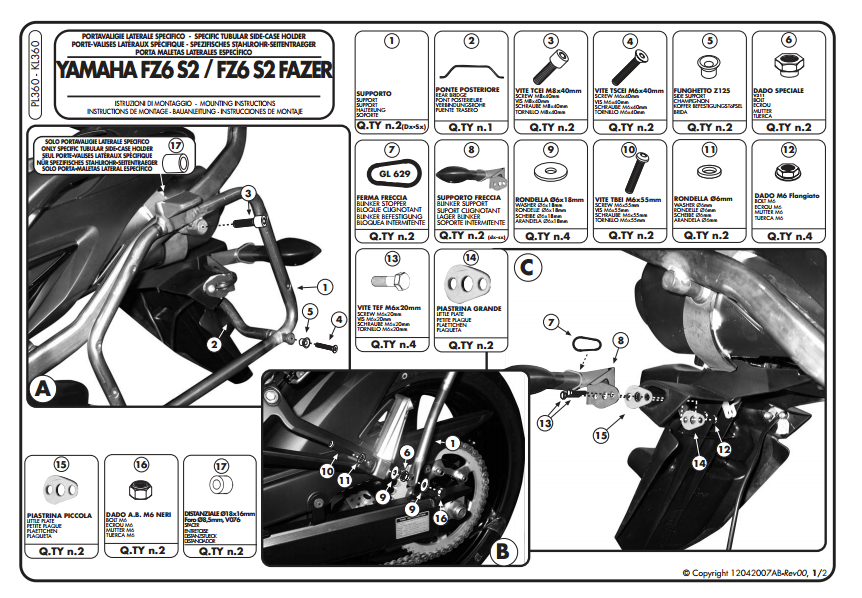 KAPPA KL360 YAMAHA FZ6 S2 - FZ6 600 FAZER S2 (07-11) YAN ÇANTA TAŞIYICI