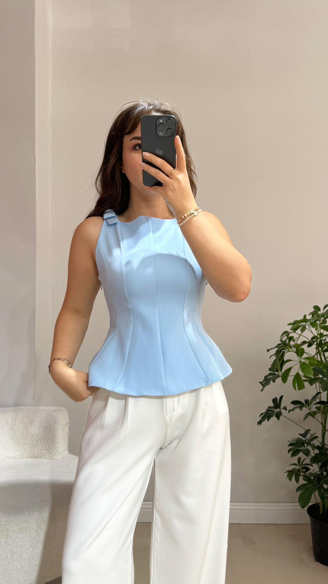 Fiyonklu Peplum Mavi Bluz