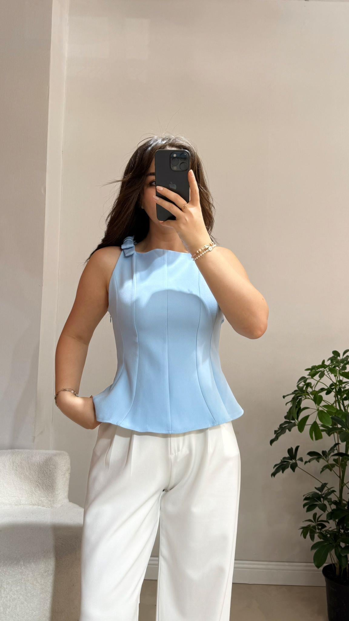 Fiyonklu Peplum Mavi Bluz