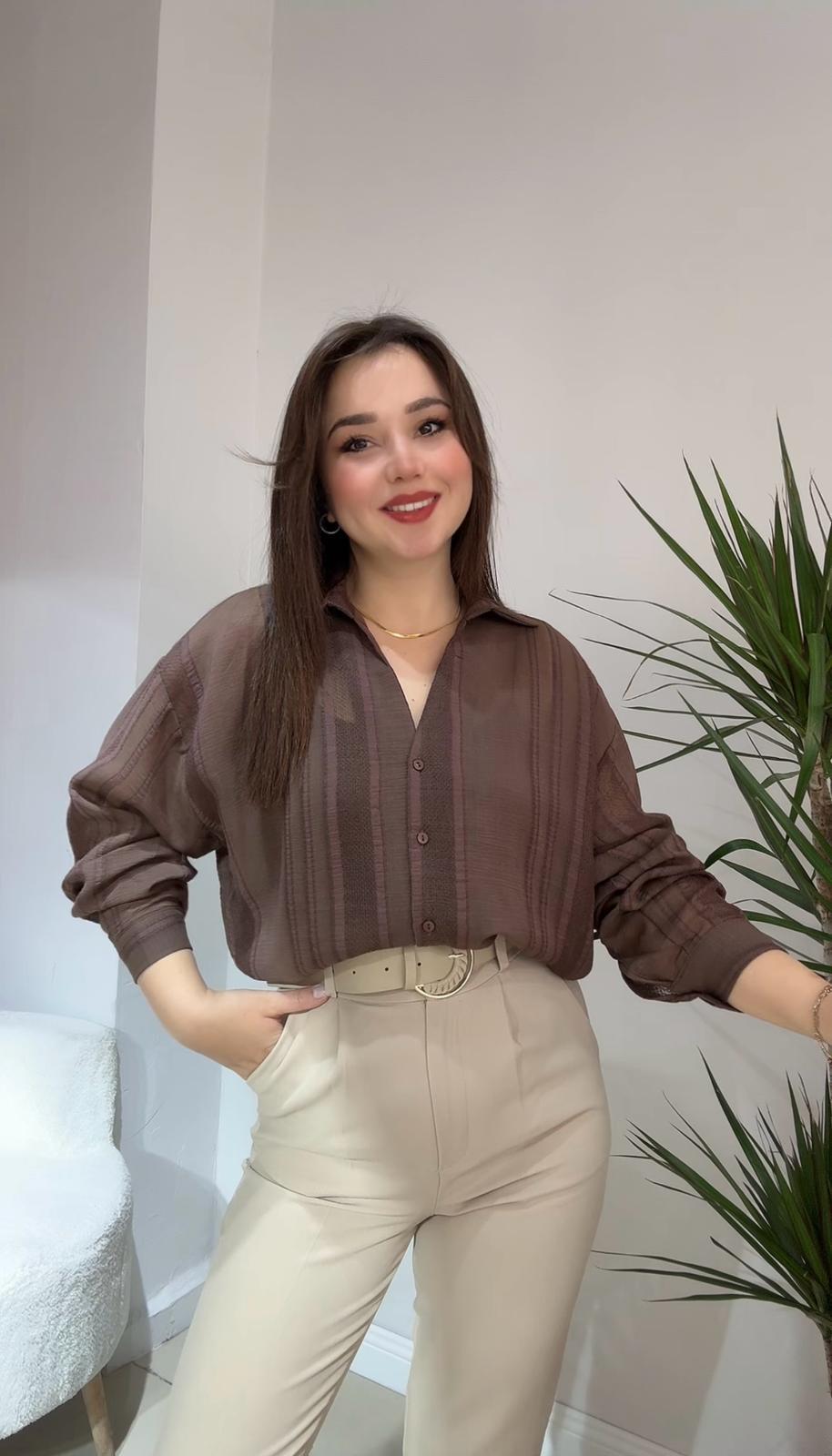 Kahve Oversize Transparan Gömlek