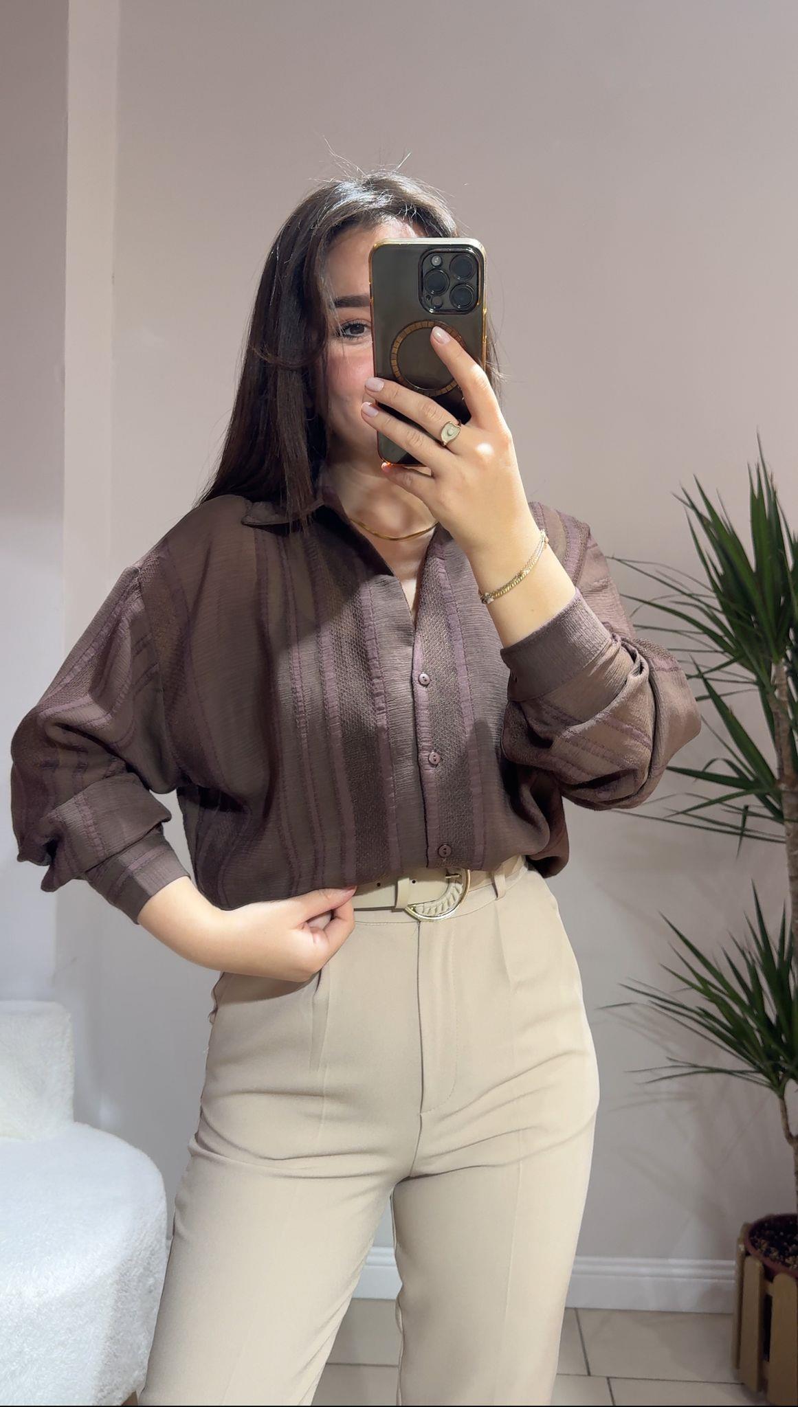 Kahve Oversize Transparan Gömlek