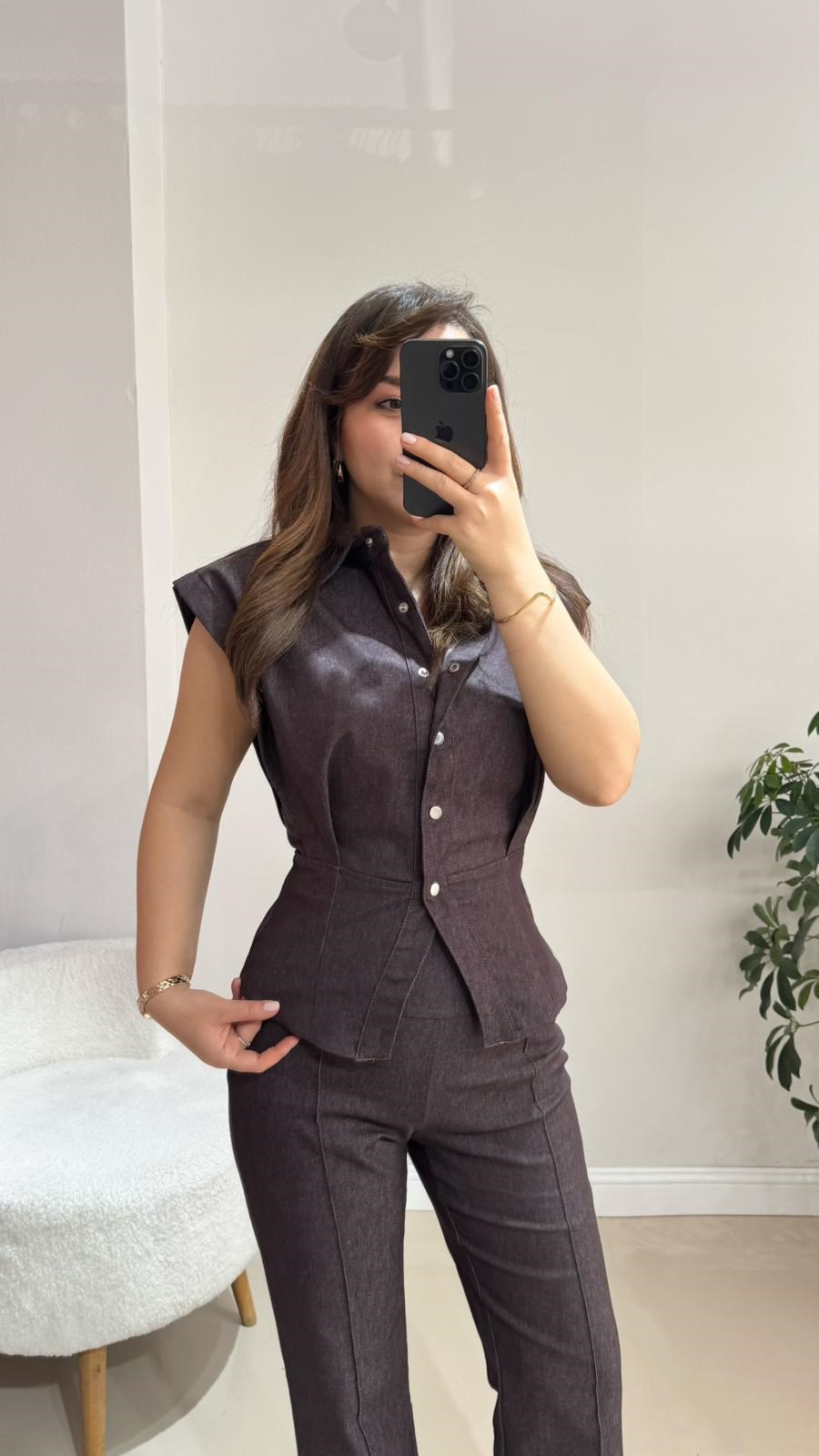 Kahve Vatkalı Yelek Pantolon Takım