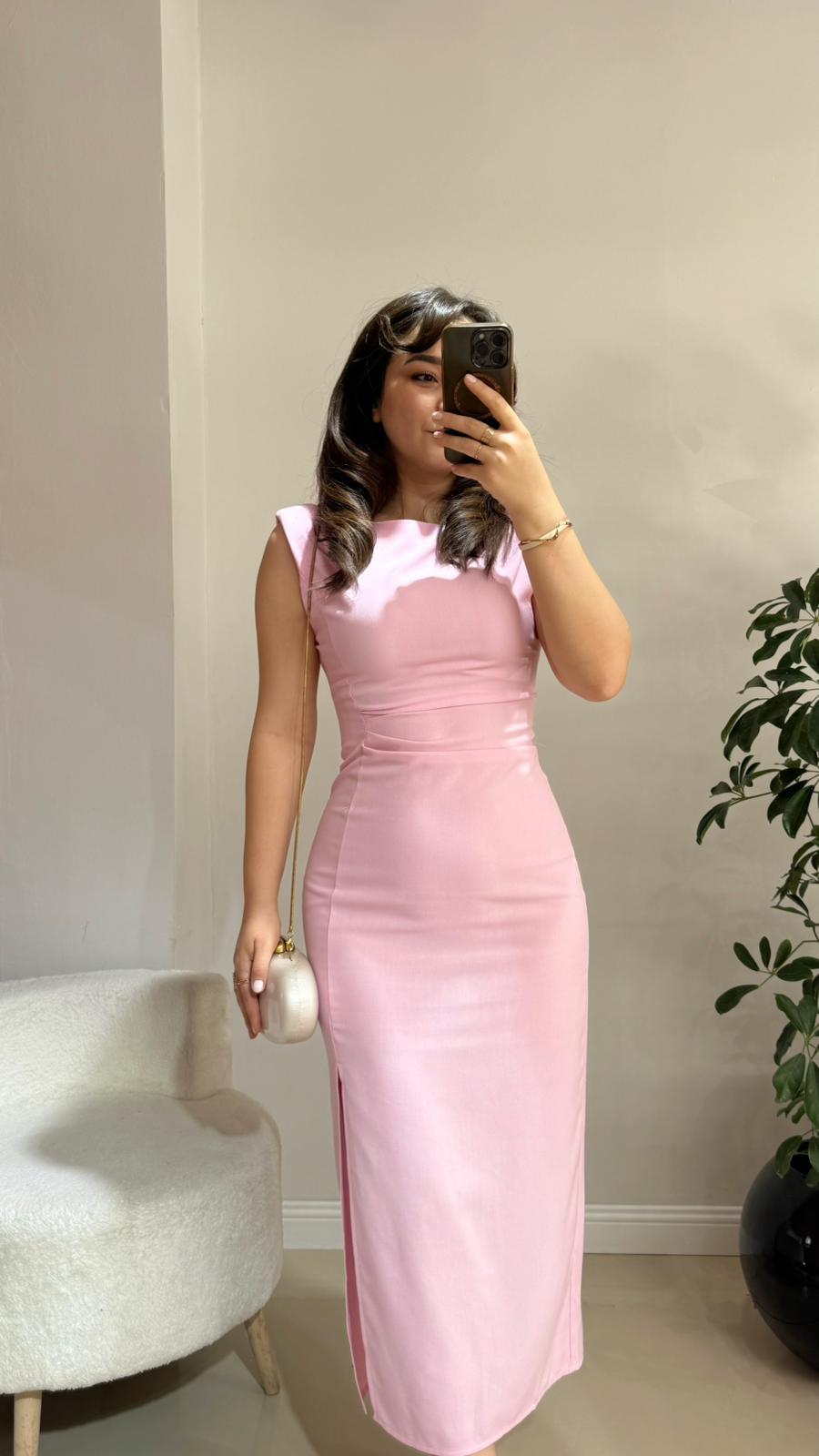 Kalp Yaka Belden Drapeli Pembe Elbise