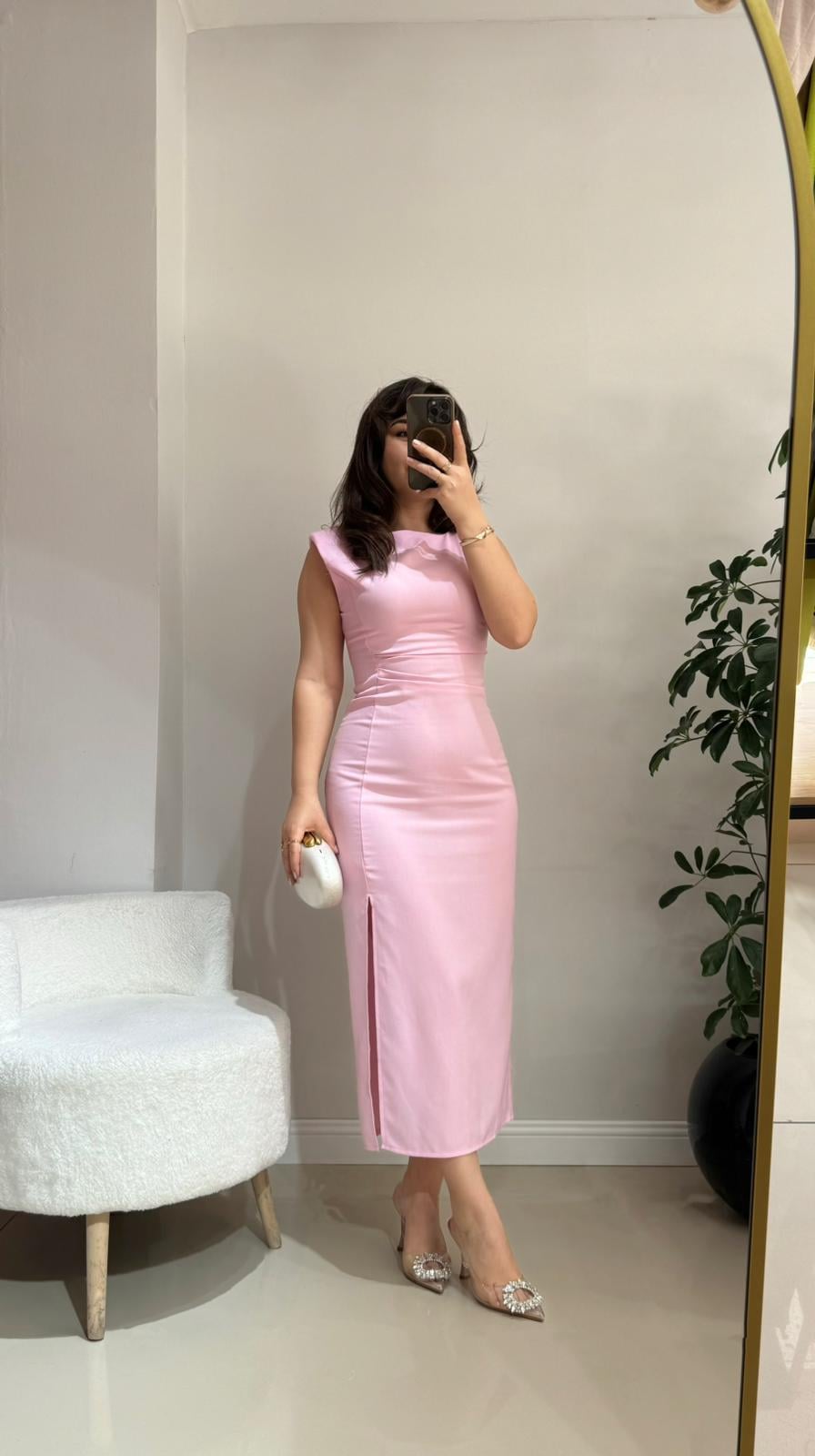 Kalp Yaka Belden Drapeli Pembe Elbise