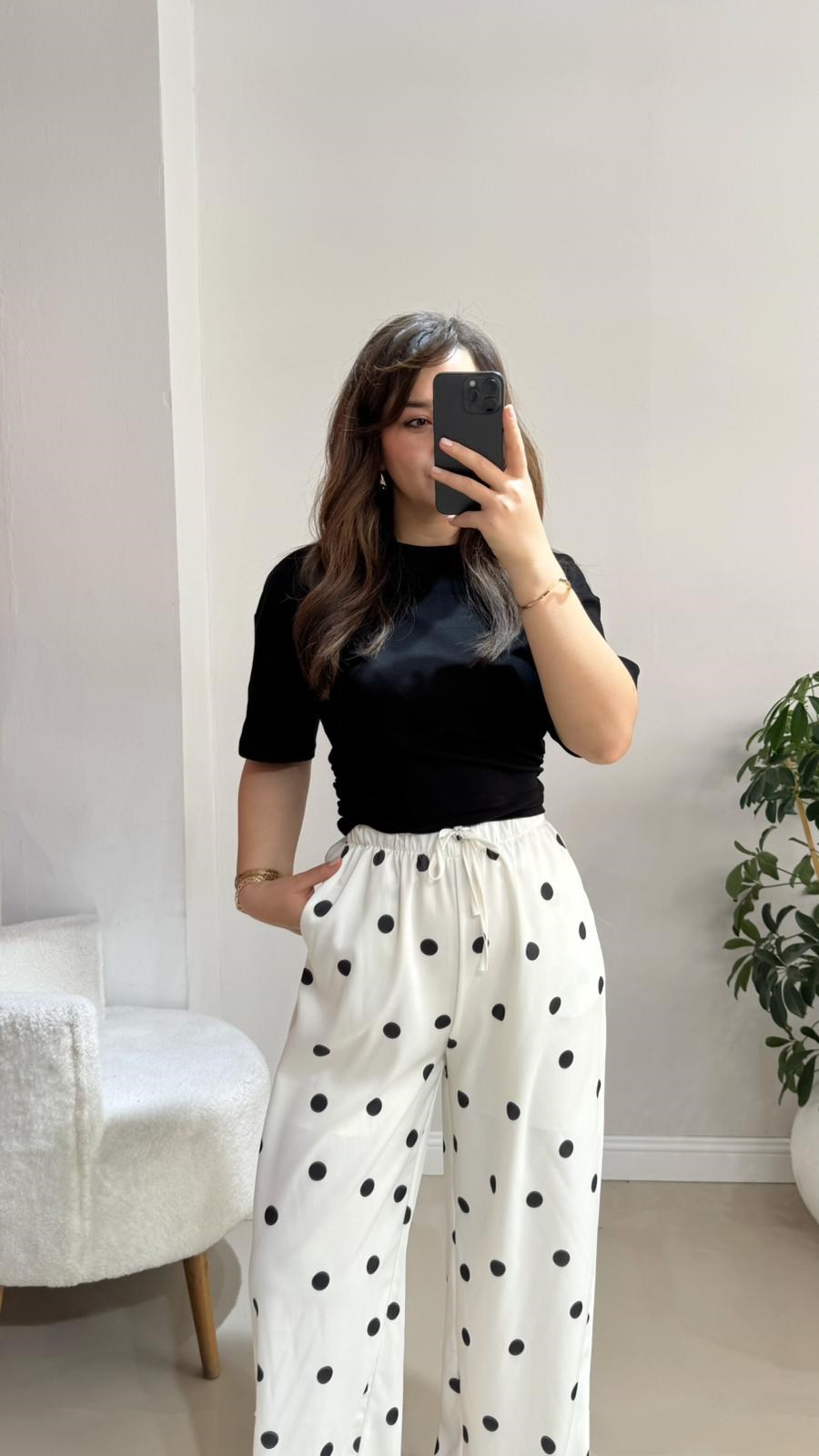 Puantiyeli Beyaz Beli Lastikli Pantolon