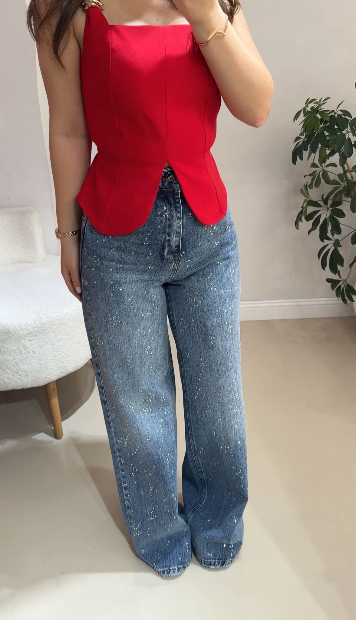 Taşlı Yüksek Bel Jean
