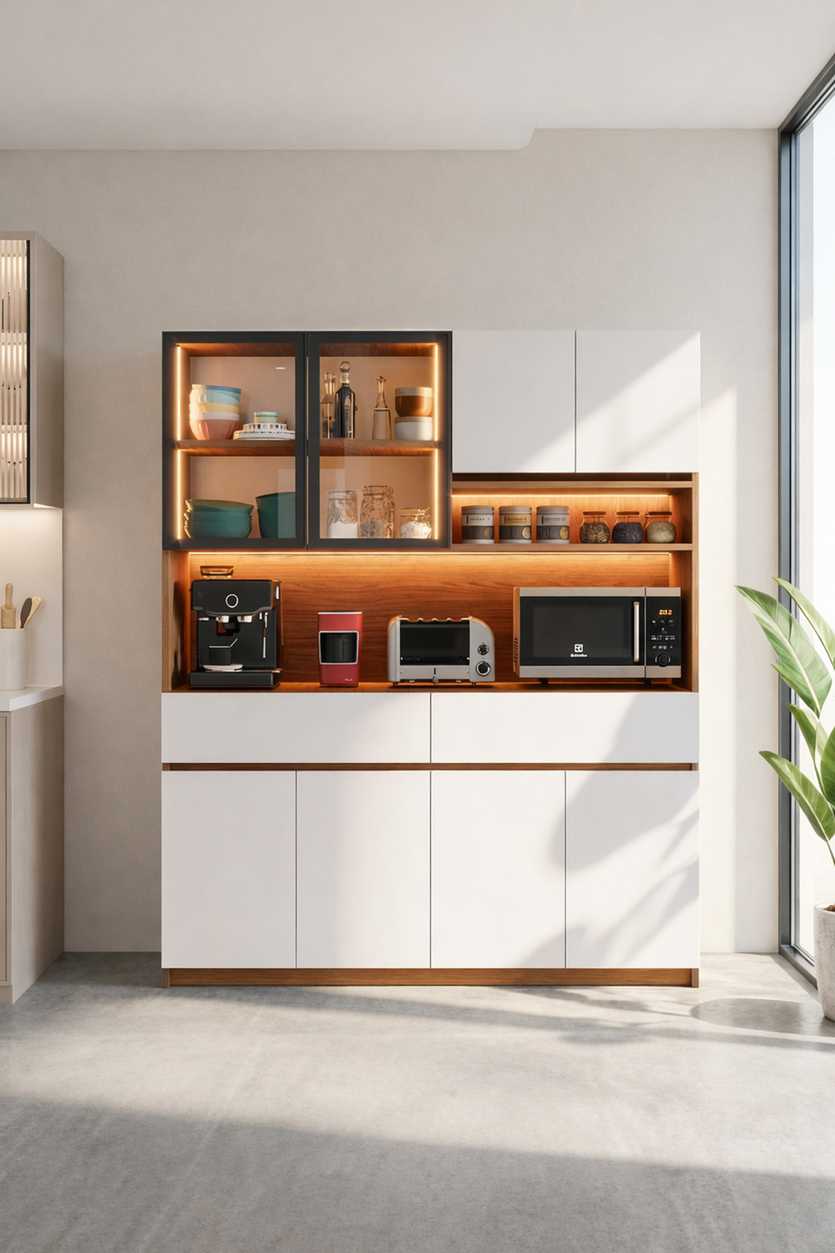 Kaffa Kahve Köşesi 4 Kapaklı Led Işıklı Raflı Çok Amaçlı Airfryer Kiler Dolabı Ceviz- Beyaz